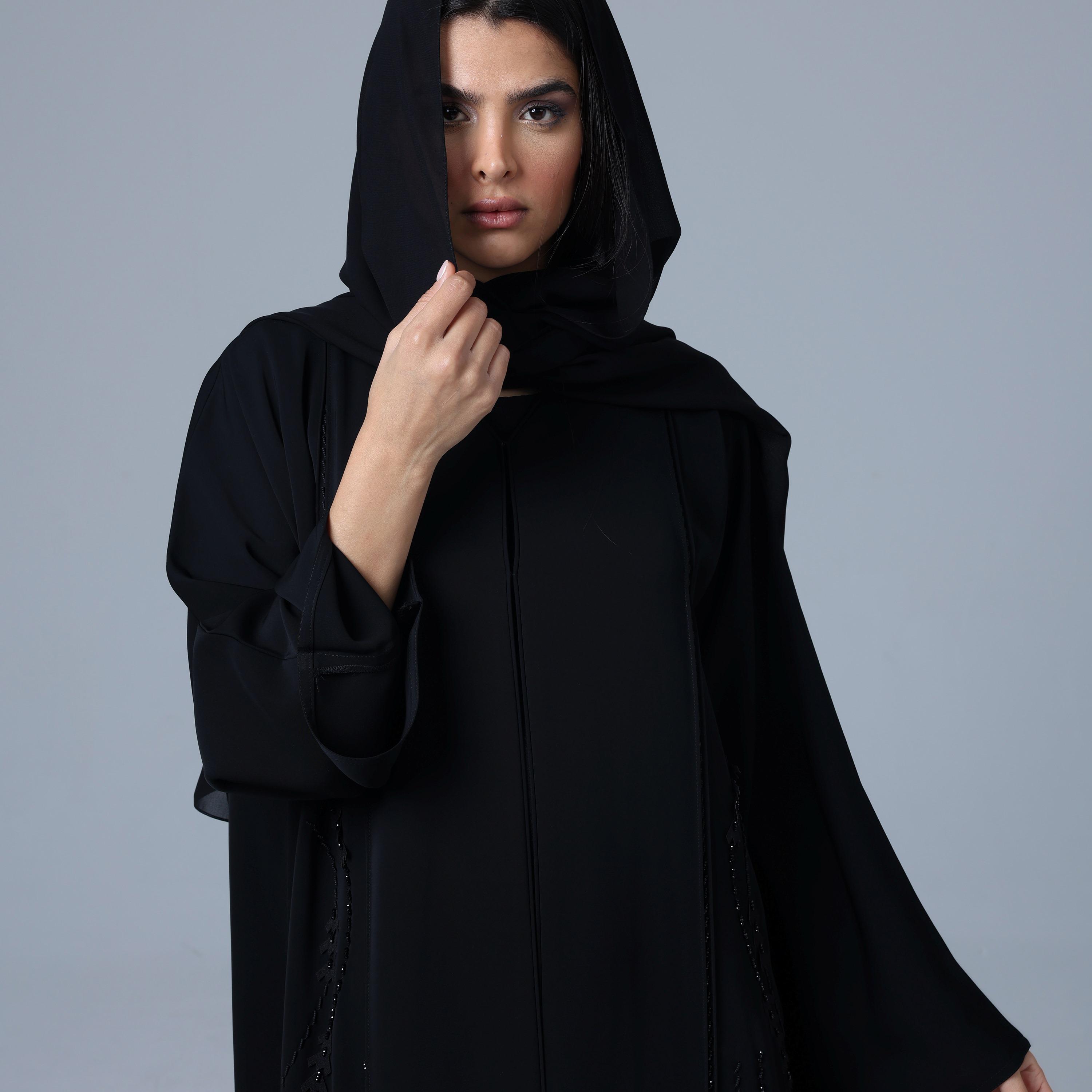 IKKXA Black Beaded Wide Sleeves Nida Women's Abaya with Hijab-women-arabicclothing-abayas-image-2