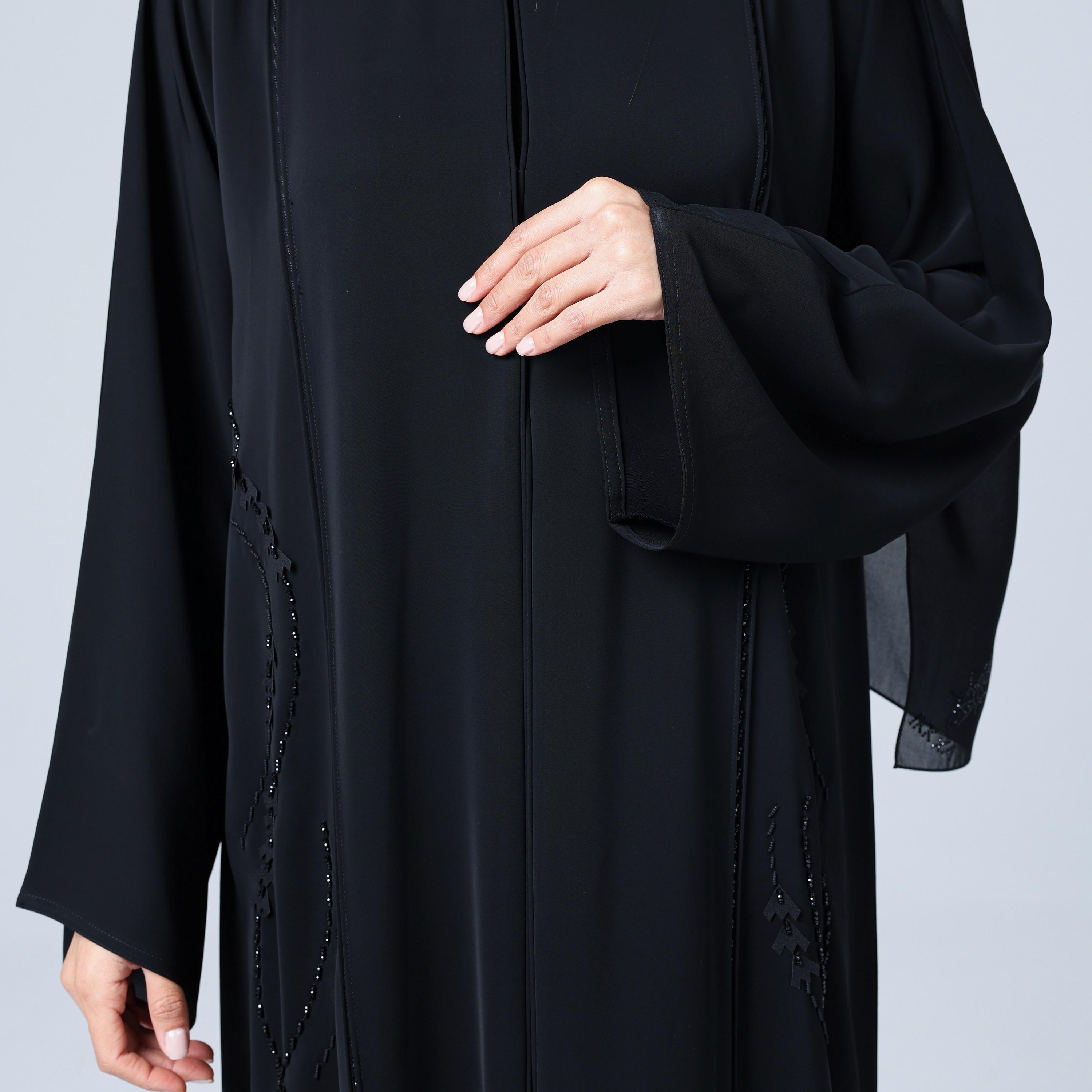 IKKXA Black Beaded Wide Sleeves Nida Women's Abaya with Hijab-women-arabicclothing-abayas-image-3