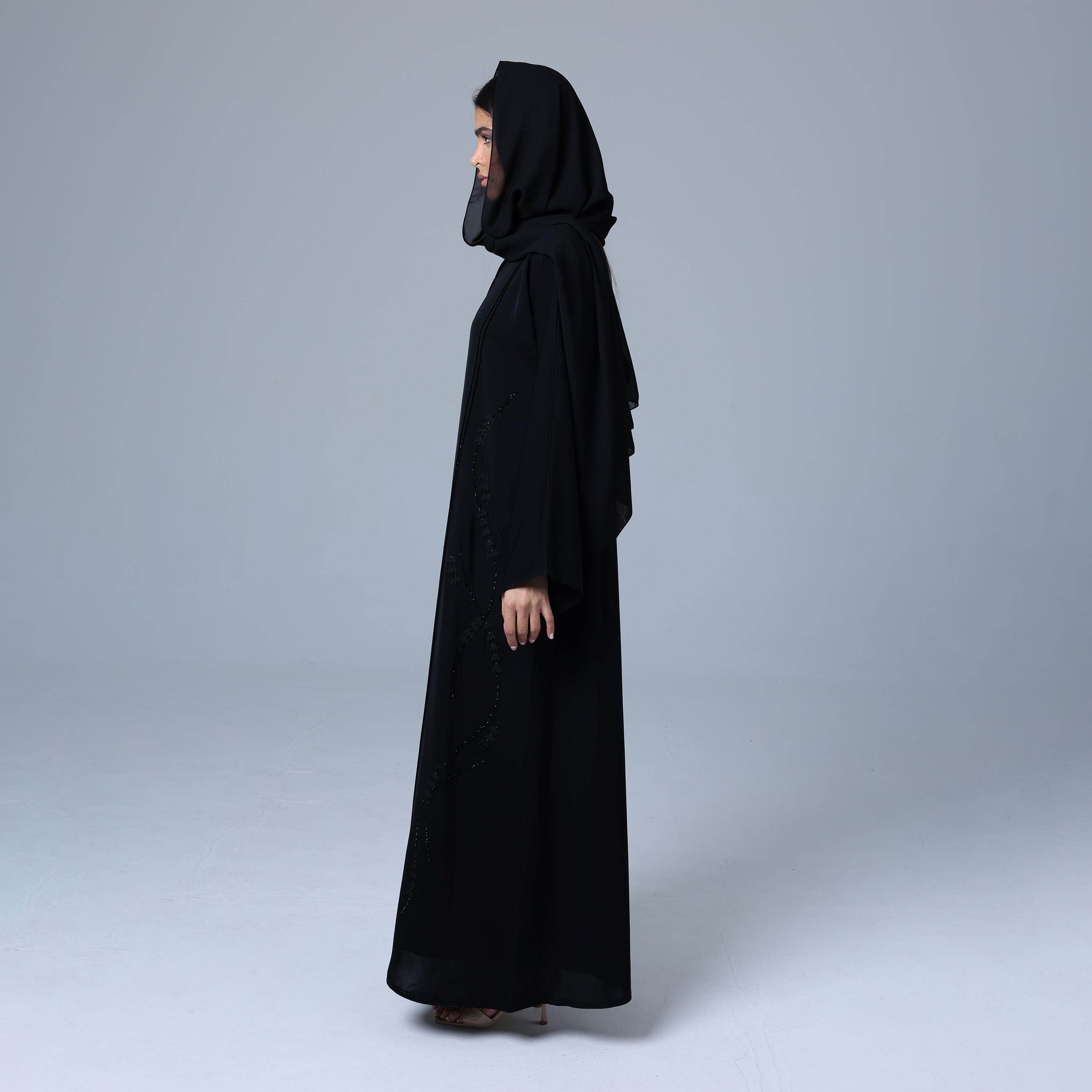 IKKXA Black Beaded Wide Sleeves Nida Women's Abaya with Hijab-women-arabicclothing-abayas-image-4