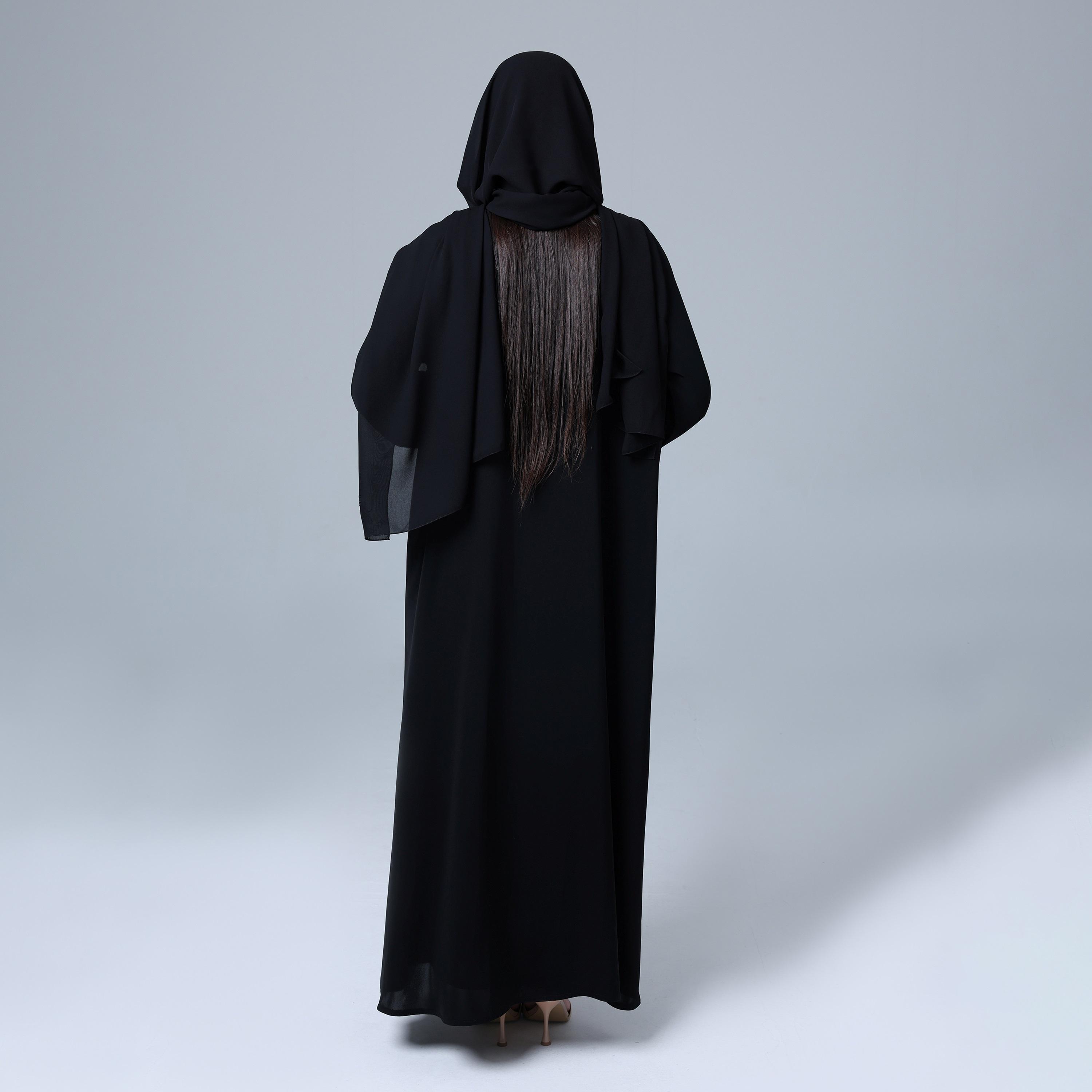 IKKXA Black Beaded Wide Sleeves Nida Women's Abaya with Hijab-women-arabicclothing-abayas-image-5