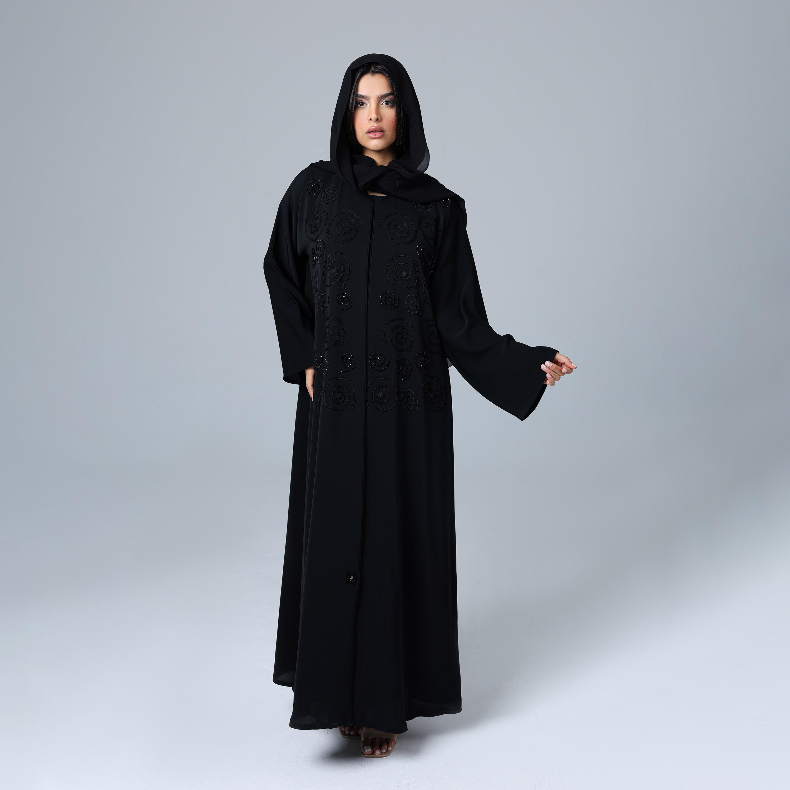 IKKXA Black Spiral Embroidered Pattern Nida Women's Abaya with Hijab-women-arabicclothing-abayas-image-1