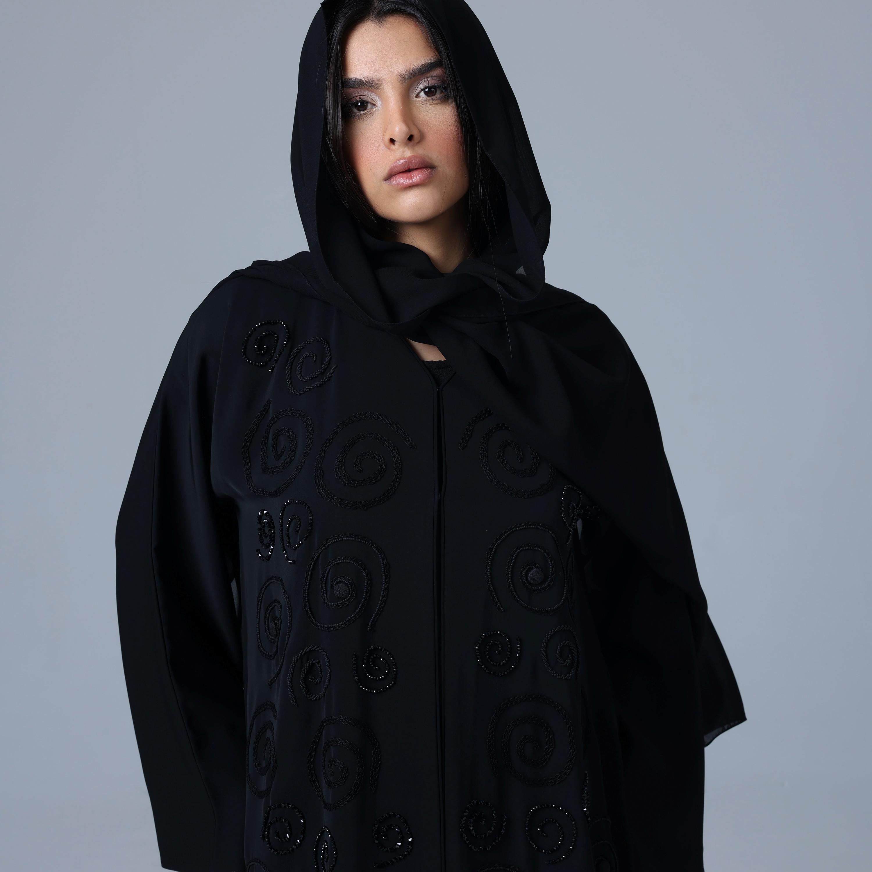 IKKXA Black Spiral Embroidered Pattern Nida Women's Abaya with Hijab-women-arabicclothing-abayas-image-2