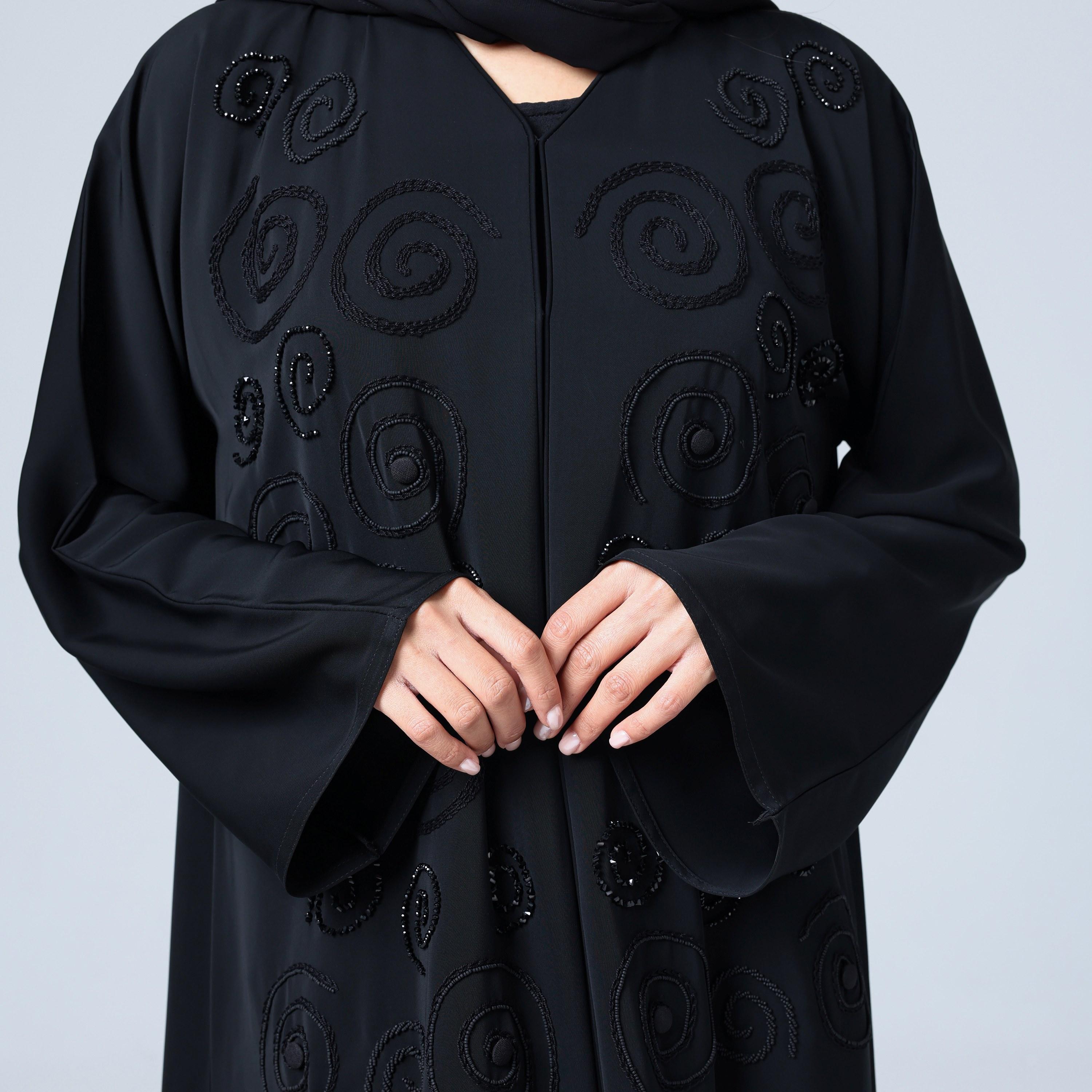IKKXA Black Spiral Embroidered Pattern Nida Women's Abaya with Hijab-women-arabicclothing-abayas-image-3