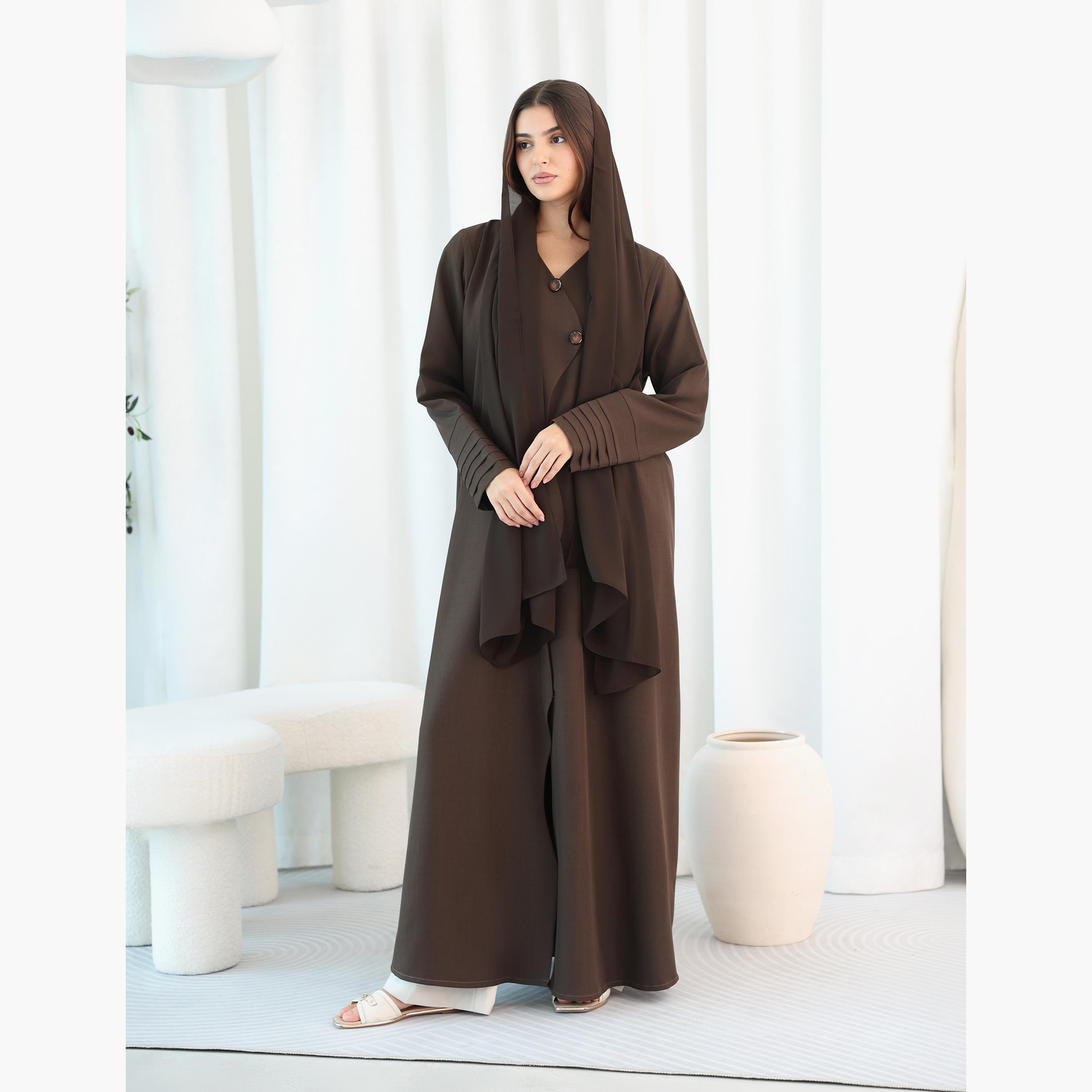 عباءة نسائية باللون البني بأكمام مطوية مع حجاب من إككسا.-women-arabicclothing-abayas-image-1