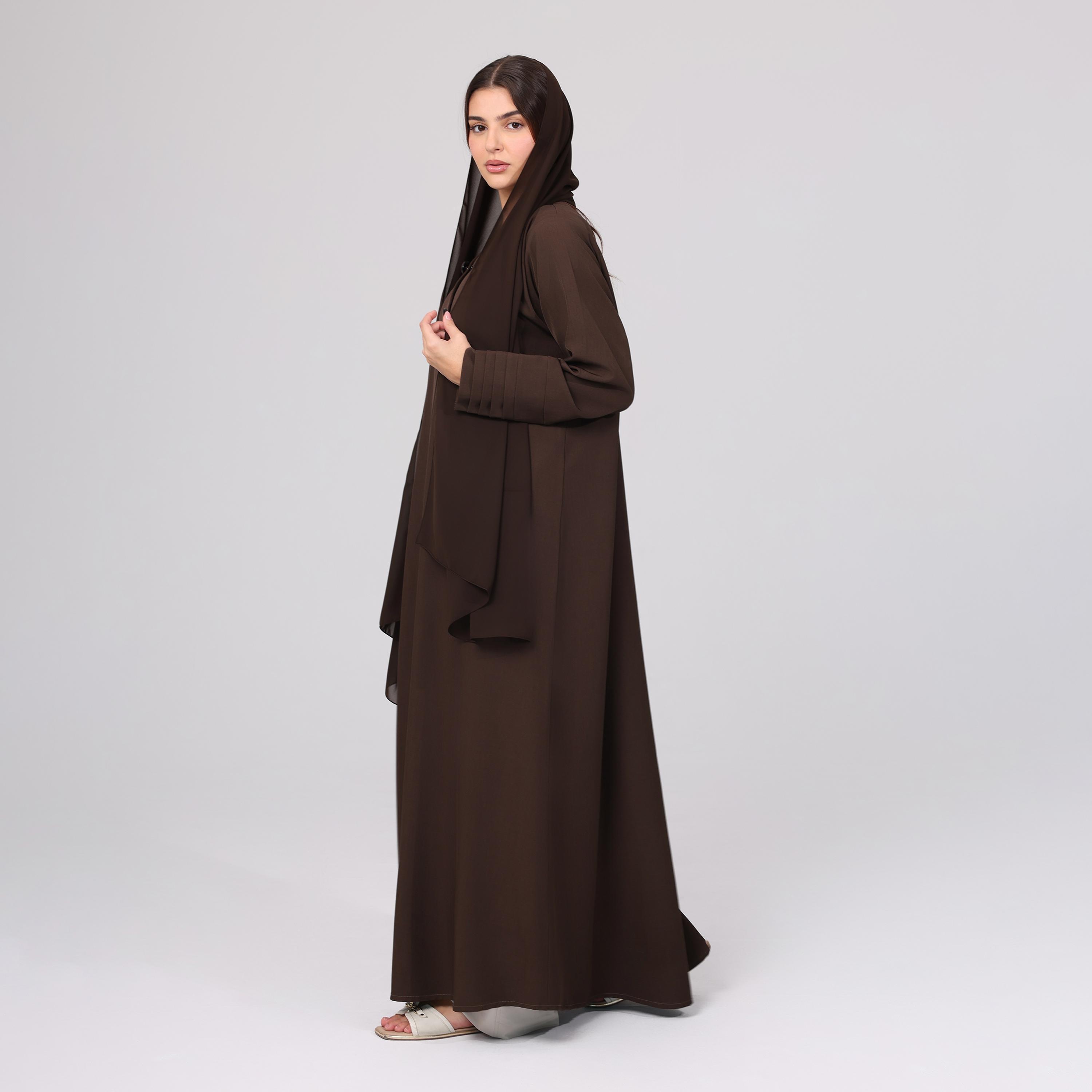 عباءة نسائية باللون البني بأكمام مطوية مع حجاب من إككسا.-women-arabicclothing-abayas-image-3