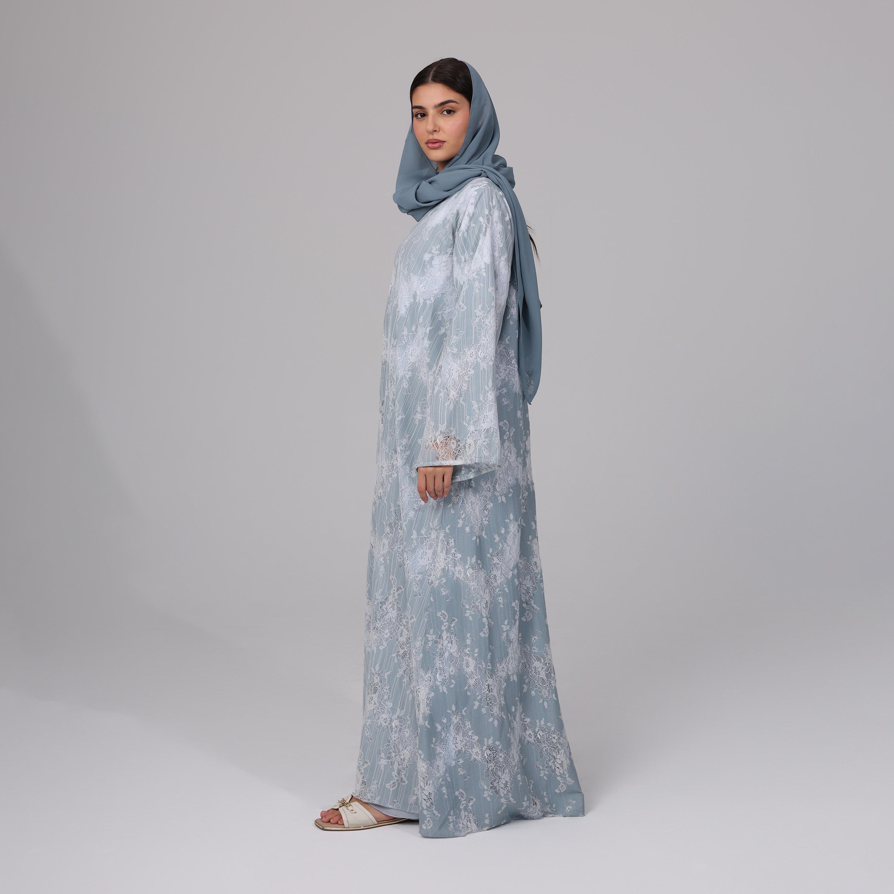 IKKXA Grey All-Over Floral Lace Chiffon Women's Abaya with Hijab-women-arabicclothing-abayas-image-3