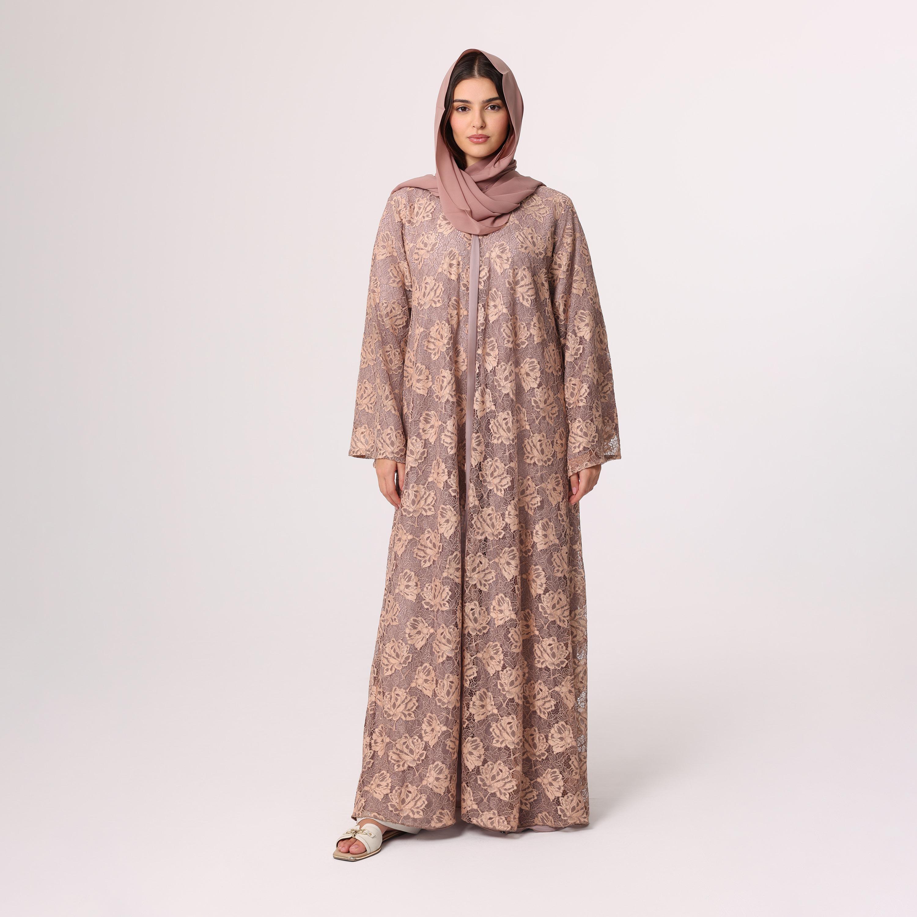IKKXA Brown All-Over Floral Lace Chiffon Women's Abaya with Hijab-women-arabicclothing-abayas-image-1