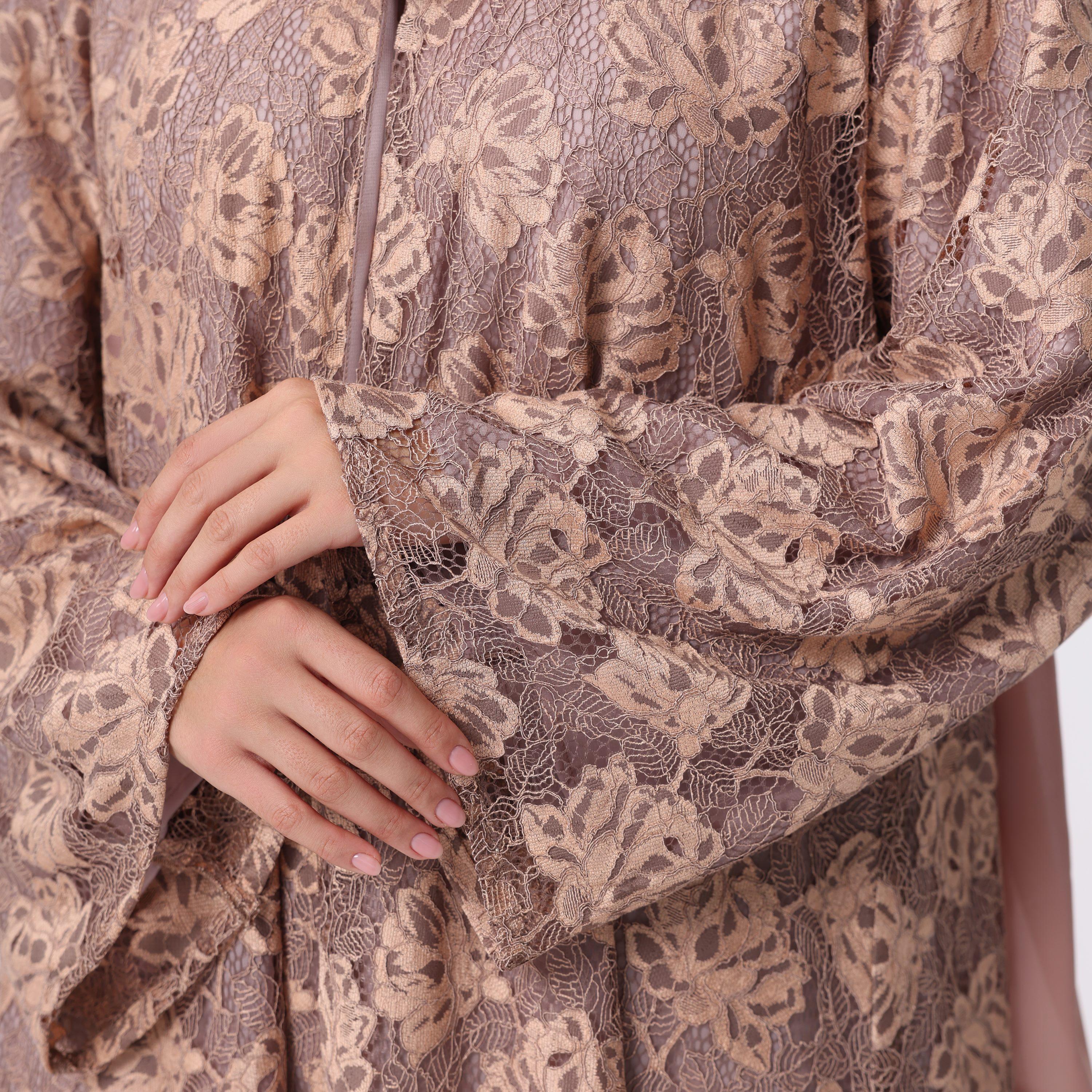 IKKXA Brown All-Over Floral Lace Chiffon Women's Abaya with Hijab-women-arabicclothing-abayas-image-2