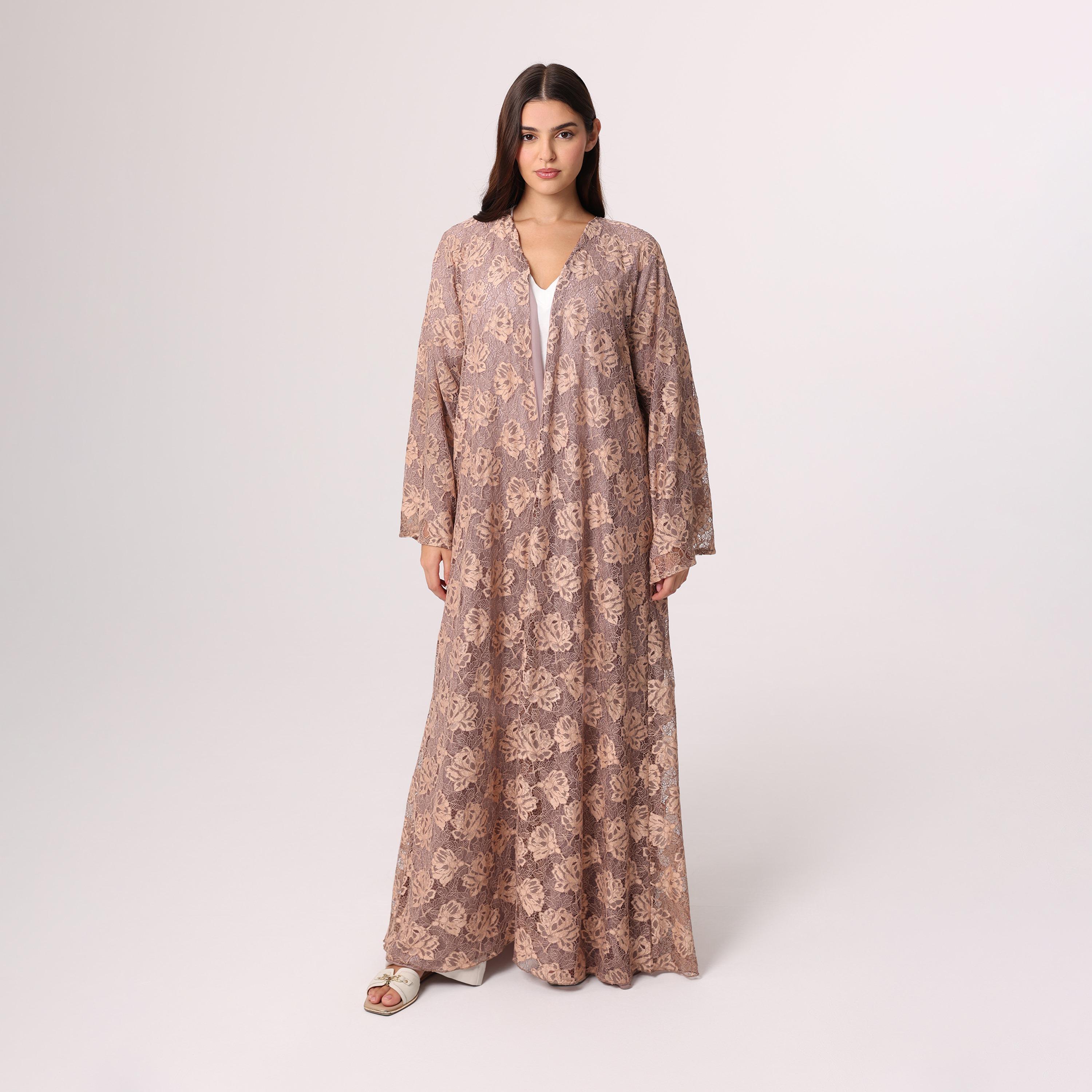 عباءة نسائية باللون البني من الشيفون مع تطريز دانتيل زهري بالكامل مع حجاب من إككسا.-women-arabicclothing-abayas-image-3