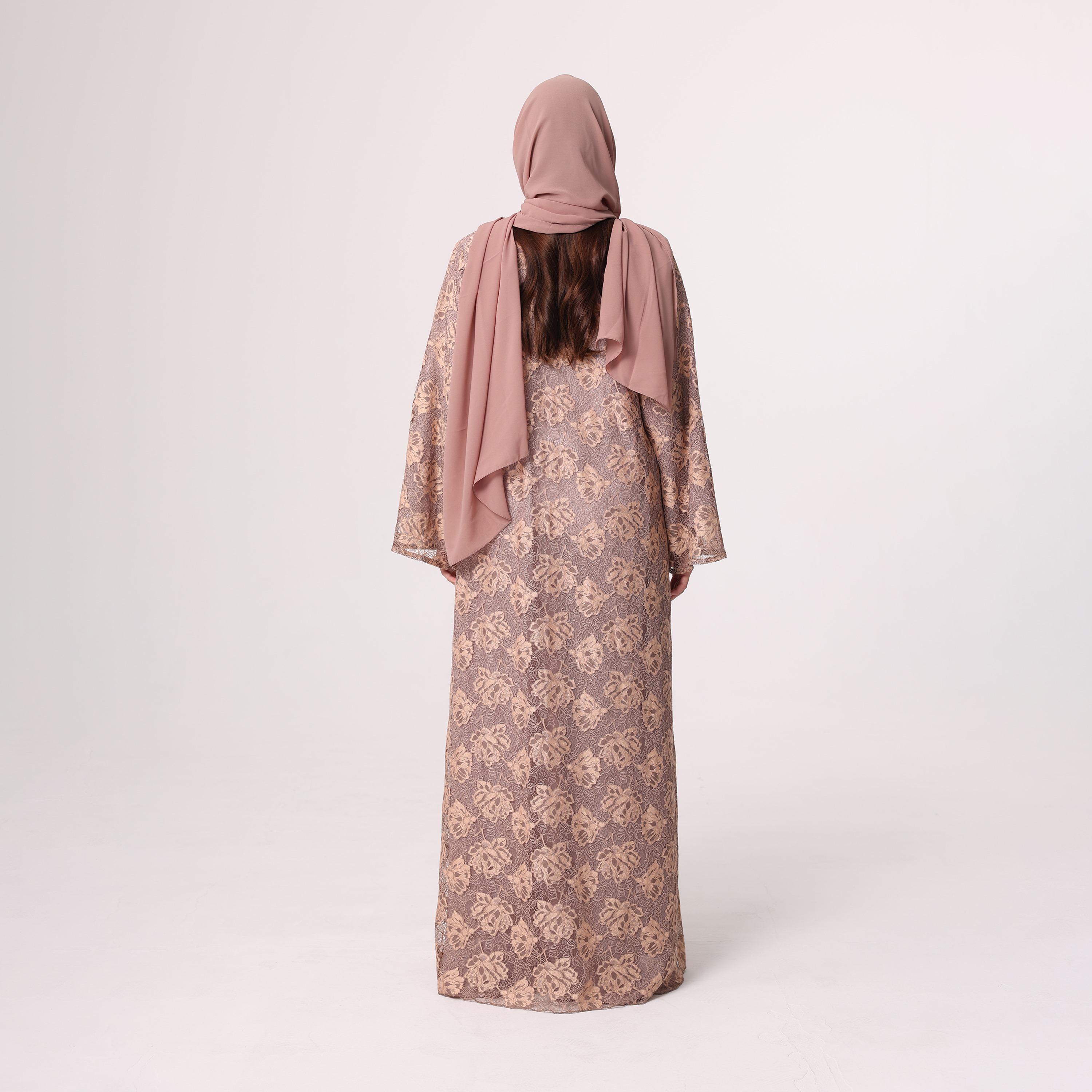 IKKXA Brown All-Over Floral Lace Chiffon Women's Abaya with Hijab-women-arabicclothing-abayas-image-4