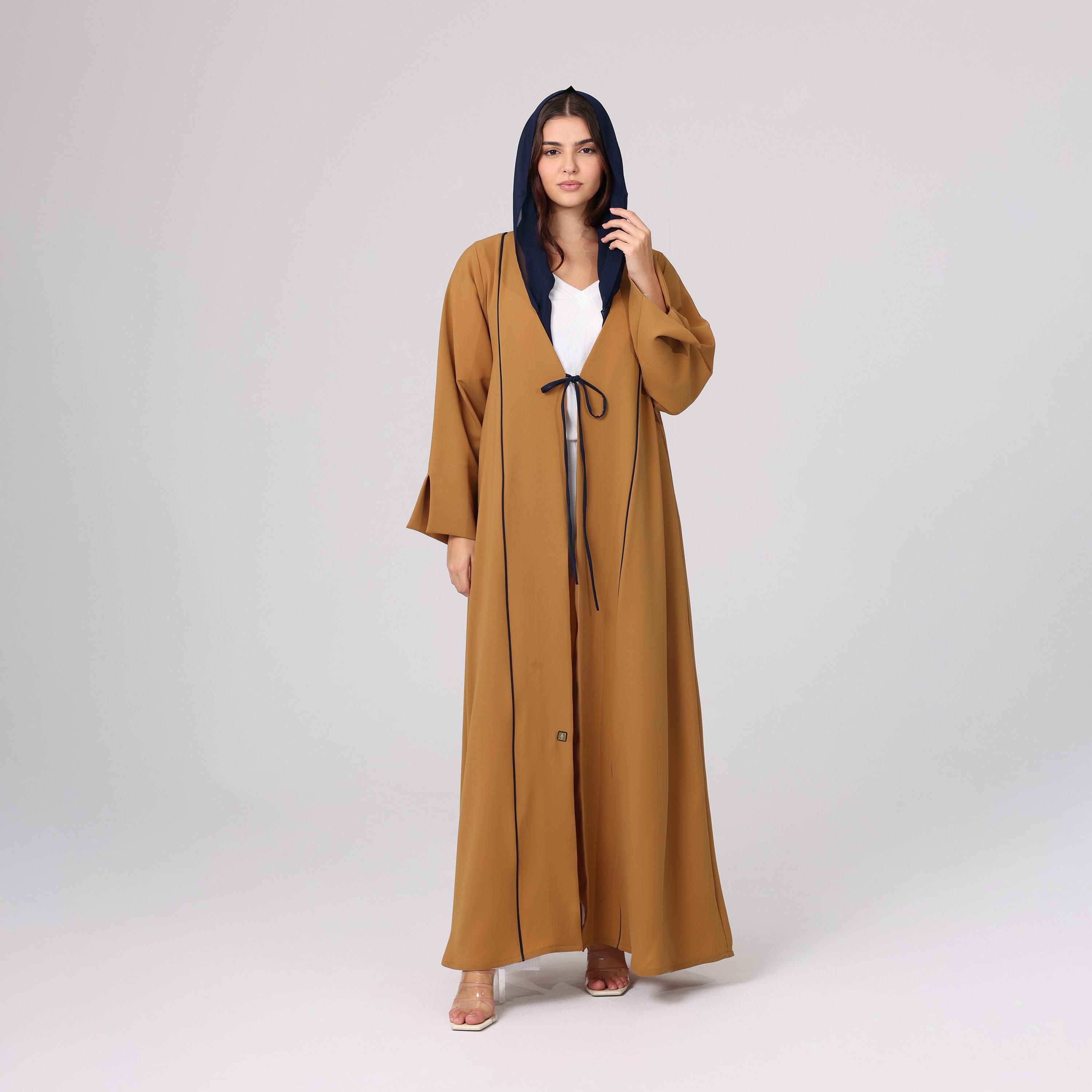 IKKXA Brown Slit Sleeves Women's Formal Blazer Style Abaya with Hijab-women-arabicclothing-abayas-image-1
