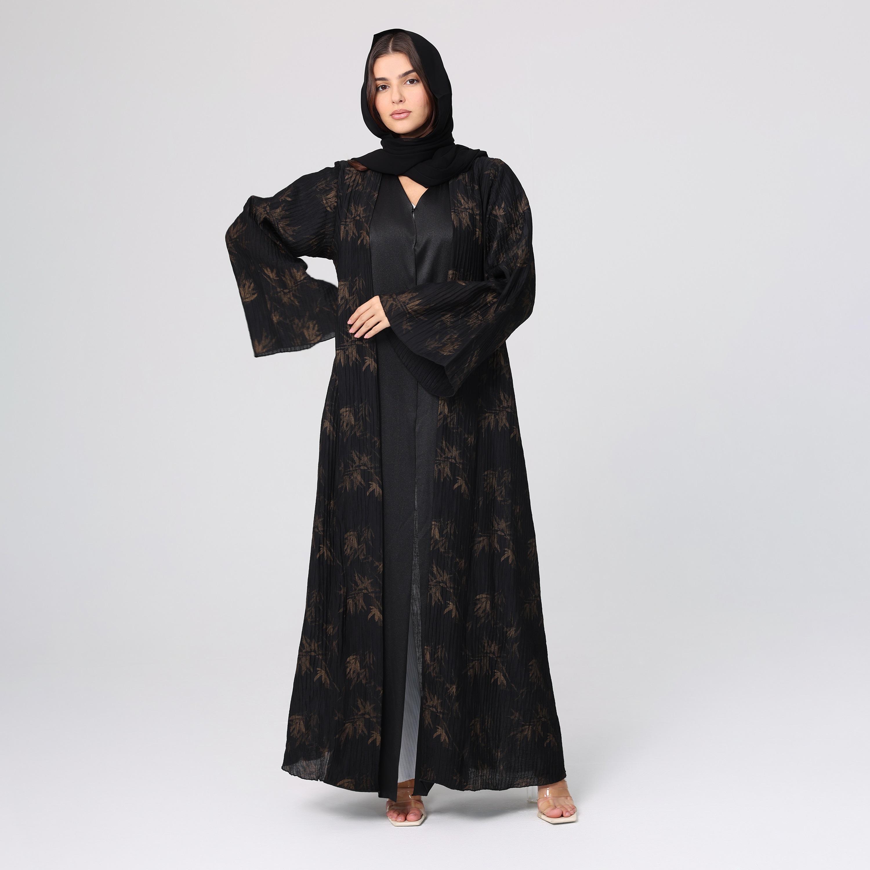 IKKXA Black Botanical Print Wide Sleeves Armani Silk Women's Abaya with Hijab-women-arabicclothing-abayas-image-1
