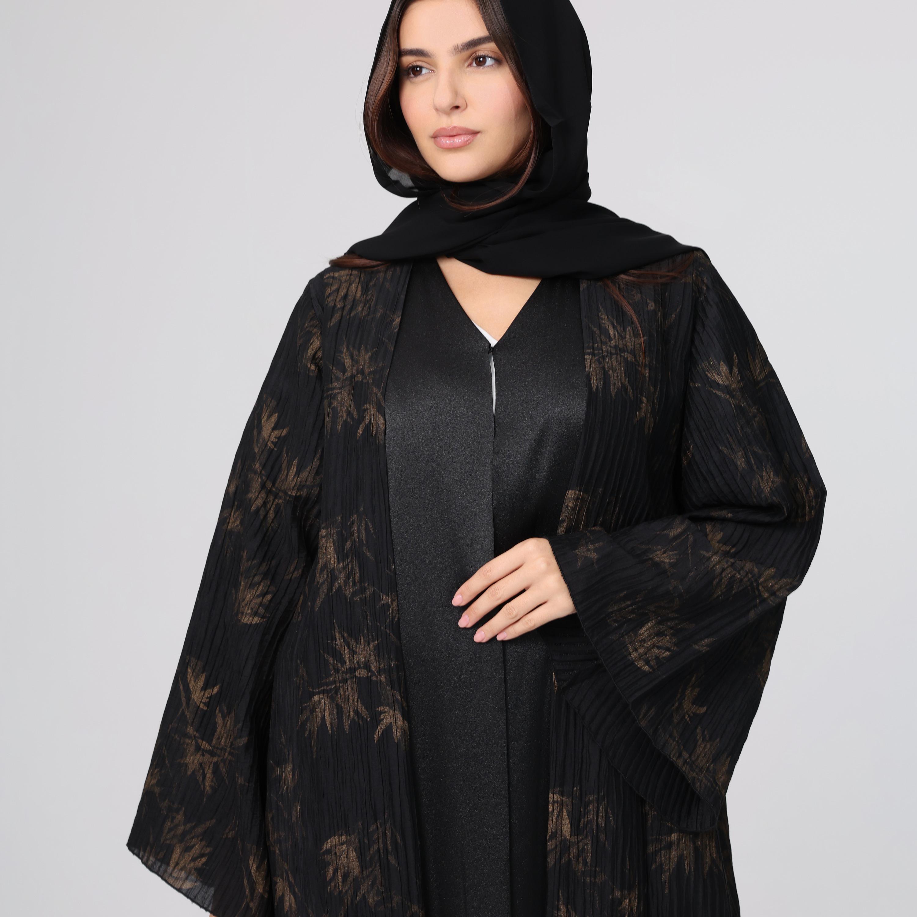 IKKXA Black Botanical Print Wide Sleeves Armani Silk Women's Abaya with Hijab-women-arabicclothing-abayas-image-2