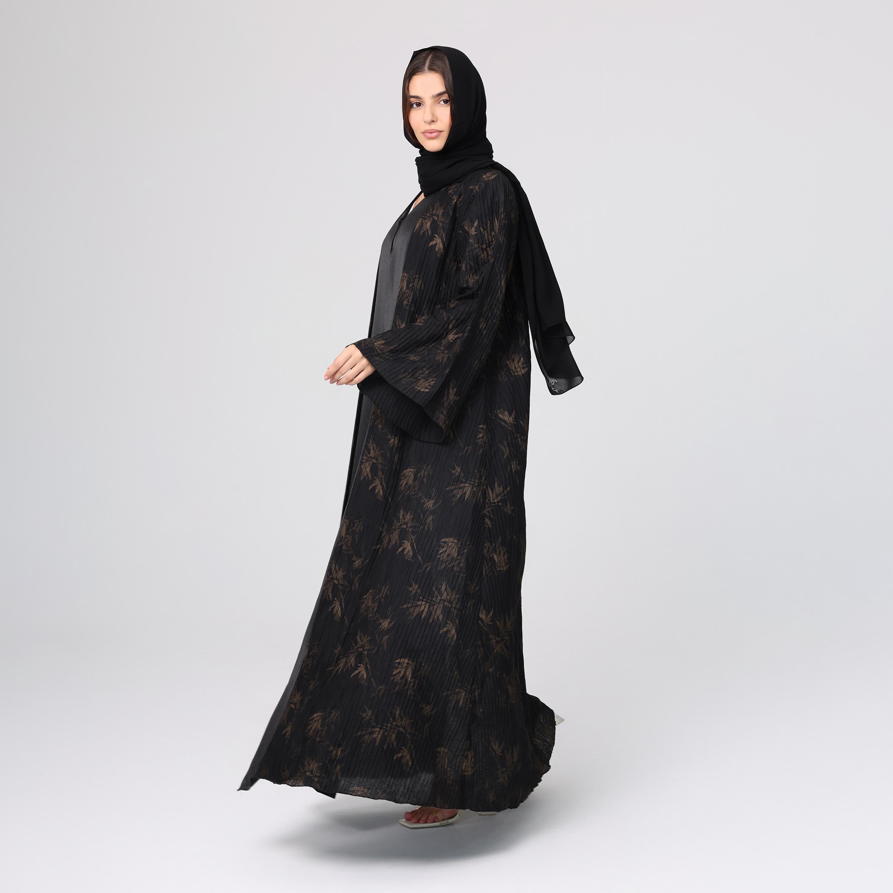 IKKXA Black Botanical Print Wide Sleeves Armani Silk Women's Abaya with Hijab-women-arabicclothing-abayas-image-3