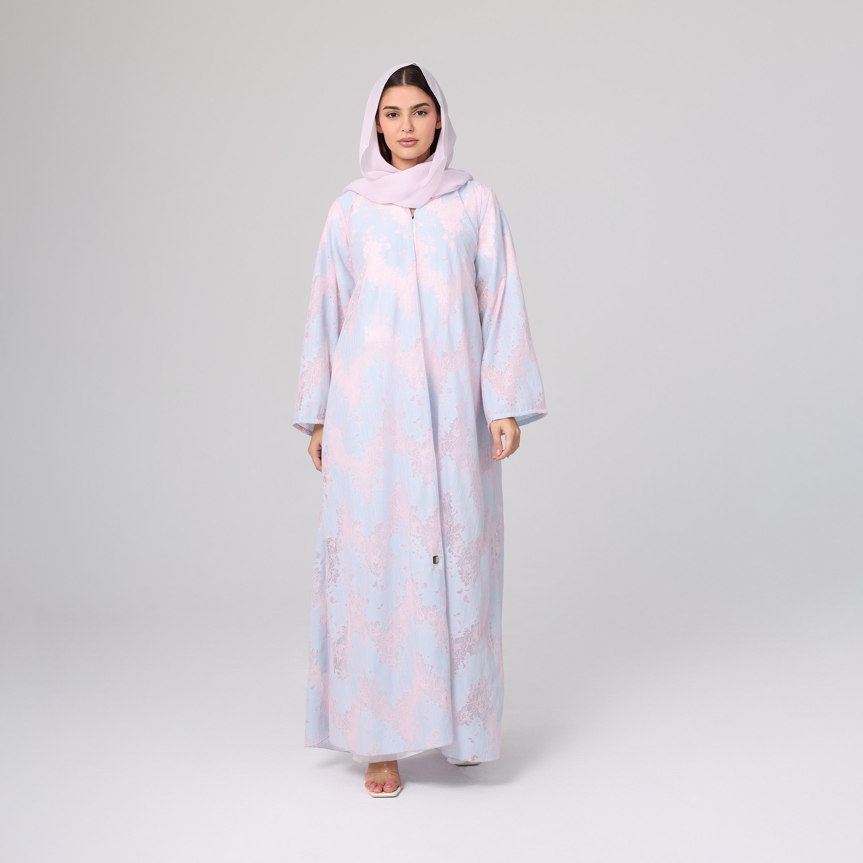IKKXA Blue All-Over Floral Lace Wide Sleeves Chiffon Women's Abaya with Hijab-women-arabicclothing-abayas-image-1