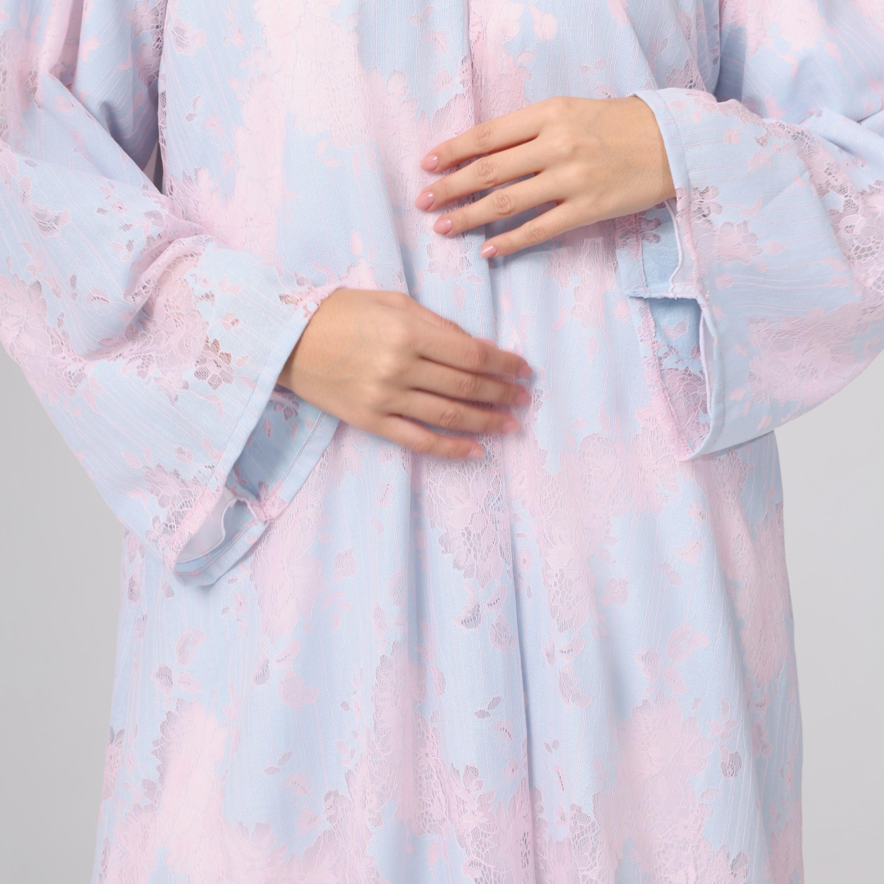 IKKXA Blue All-Over Floral Lace Wide Sleeves Chiffon Women's Abaya with Hijab-women-arabicclothing-abayas-image-2