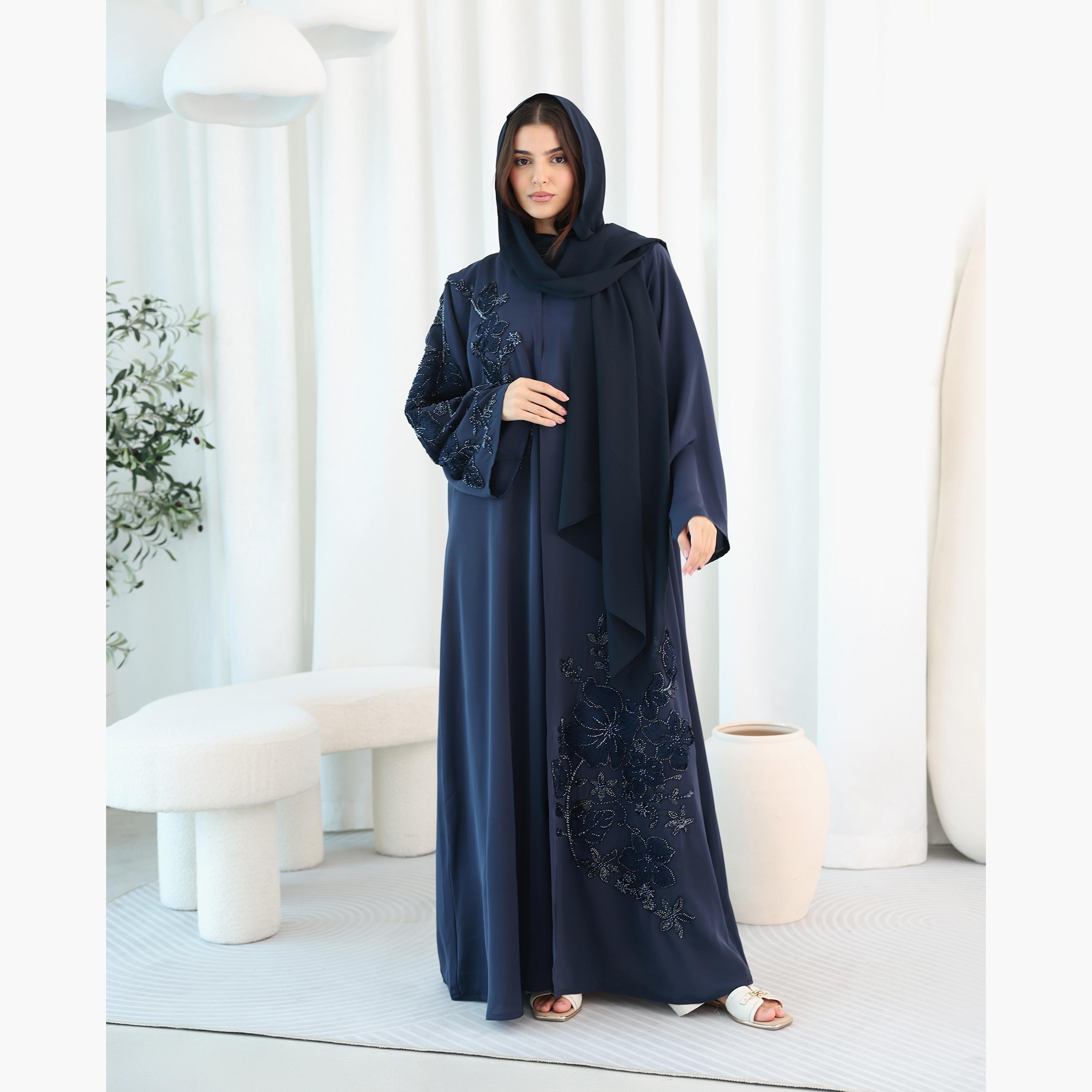 IKKXA Blue Floral Beaded Wide Sleeves Nida Women's Evening Abaya with Hijab-women-arabicclothing-abayas-image-1