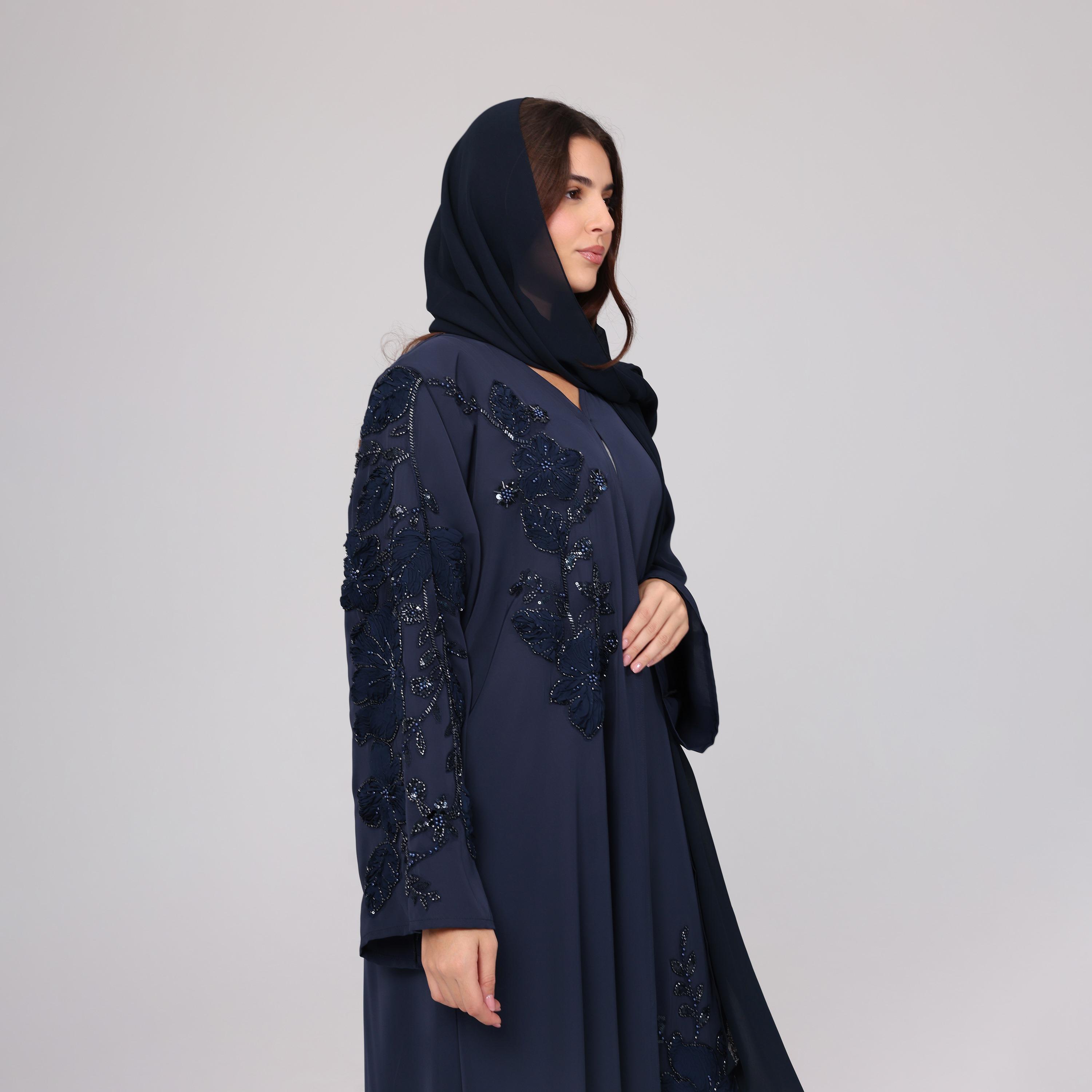 IKKXA Blue Floral Beaded Wide Sleeves Nida Women's Evening Abaya with Hijab-women-arabicclothing-abayas-image-2