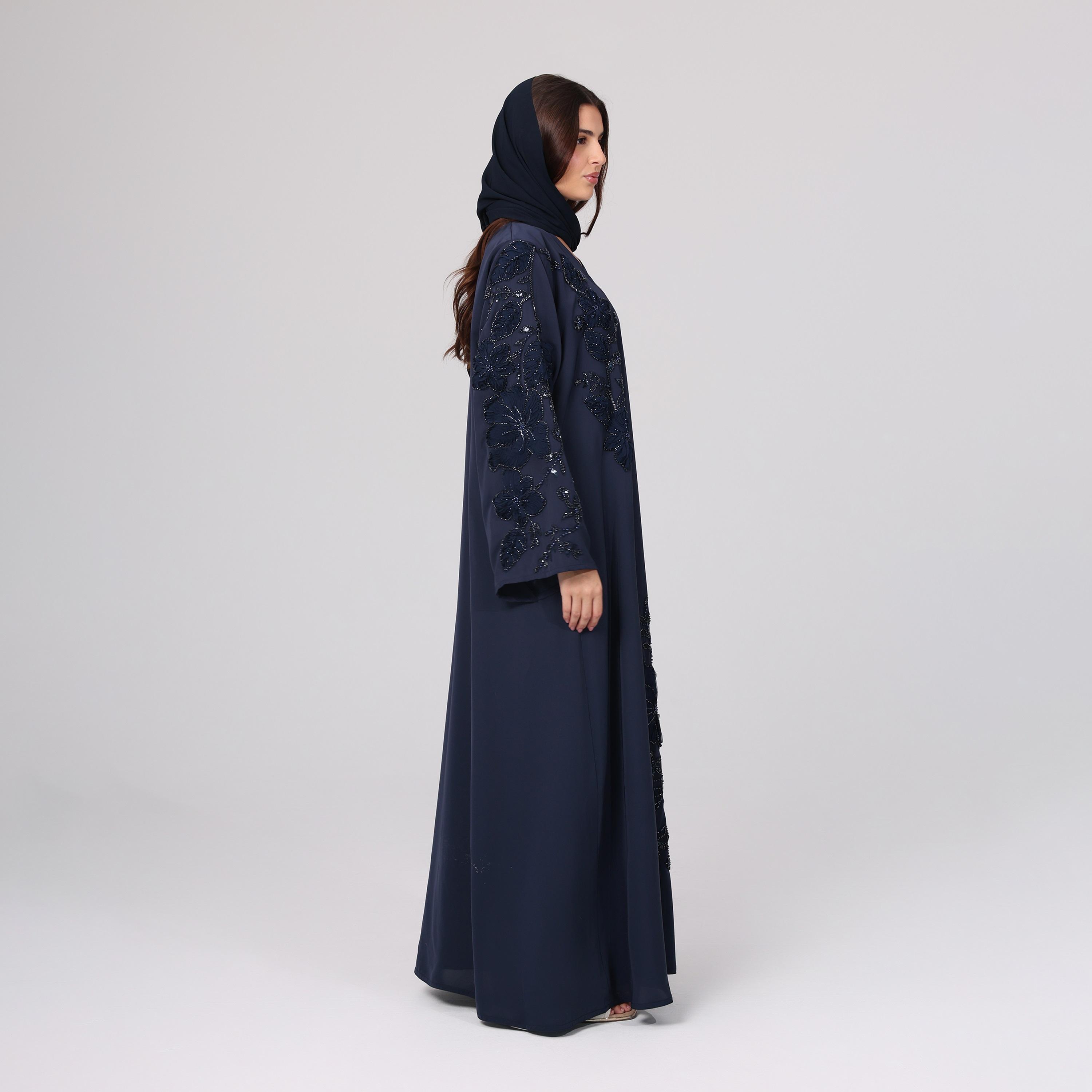 IKKXA Blue Floral Beaded Wide Sleeves Nida Women's Evening Abaya with Hijab-women-arabicclothing-abayas-image-3