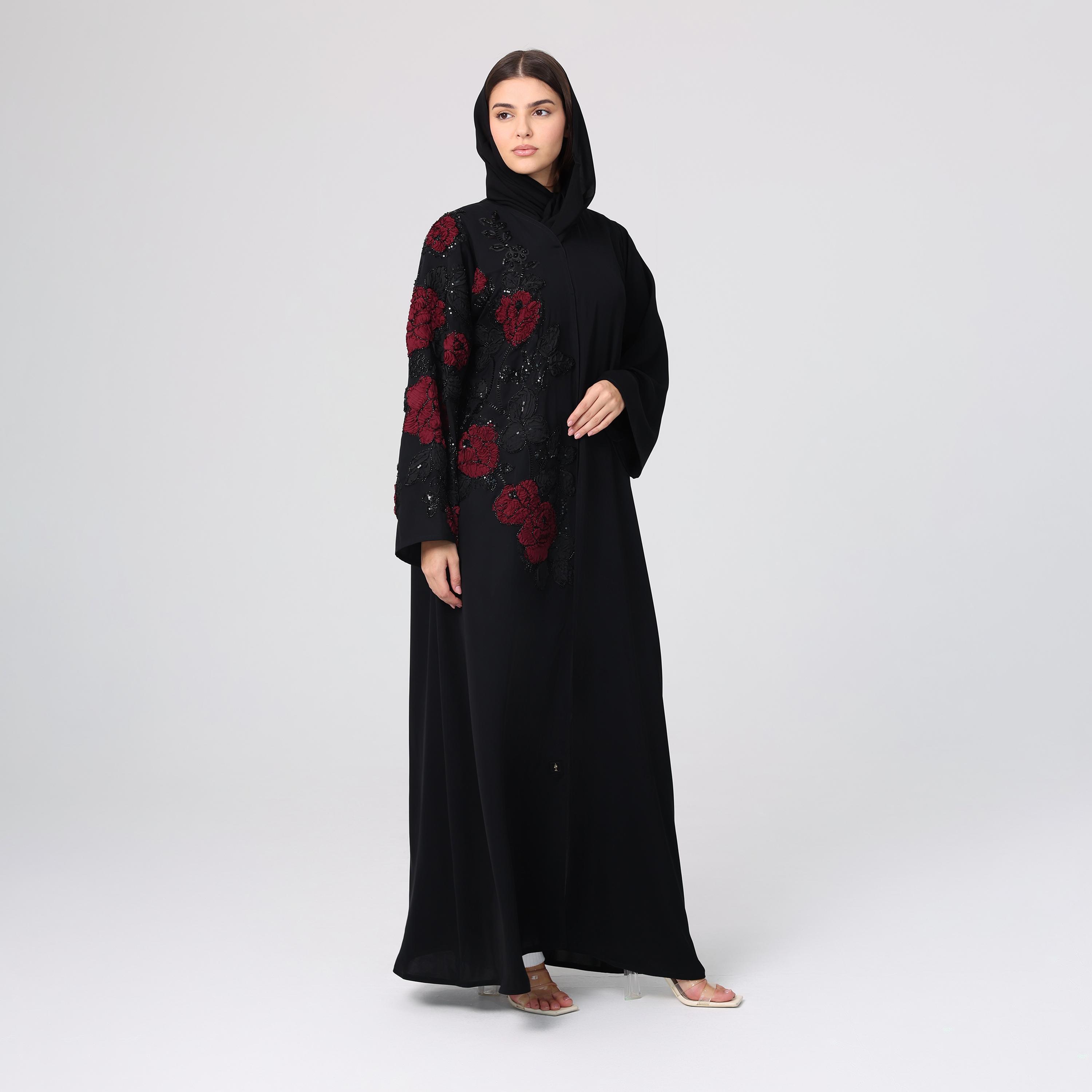 IKKXA Black Sequined & Beaded Wide Sleeves Nida Women's Evening Abaya with Hijab-women-arabicclothing-abayas-image-1