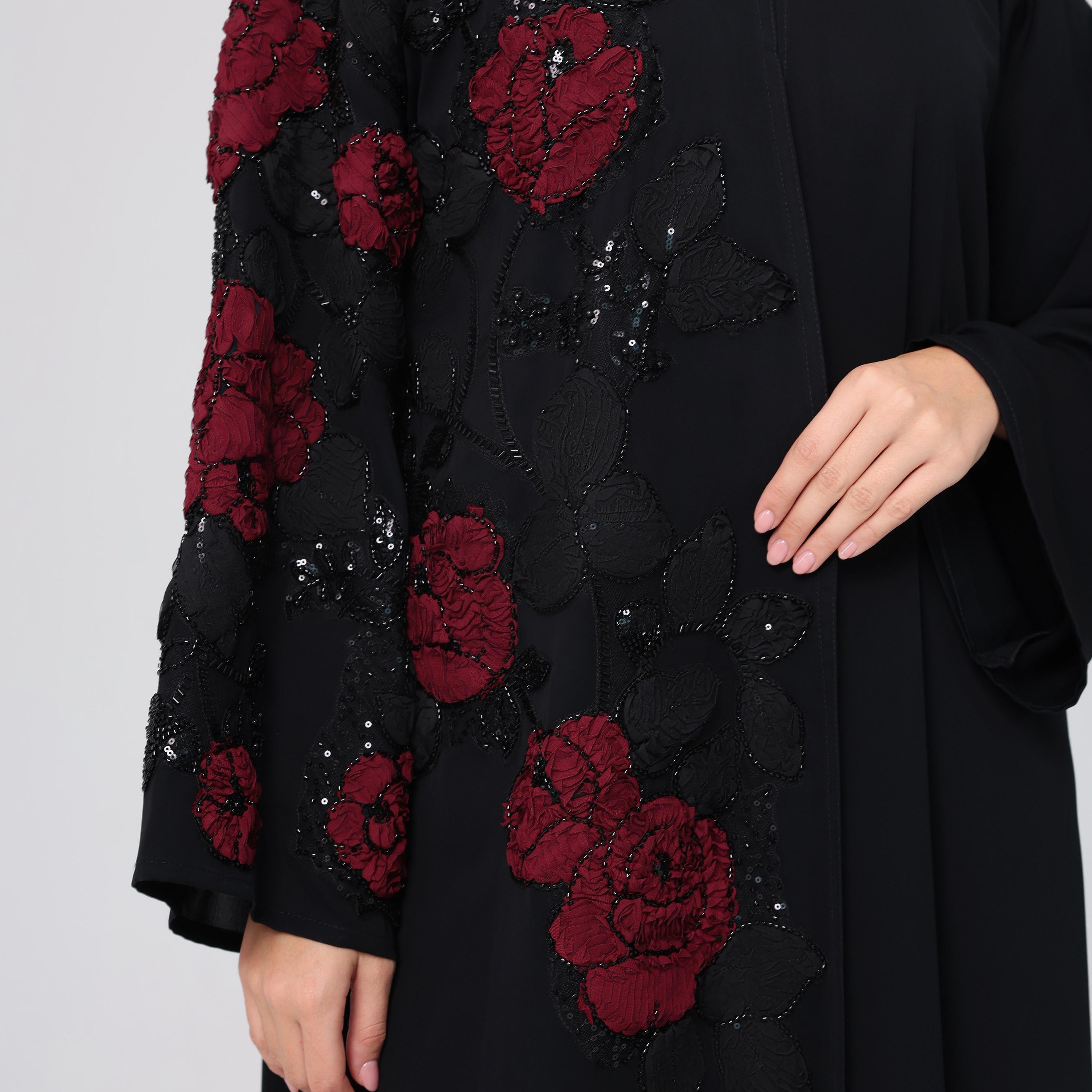 IKKXA Black Sequined & Beaded Wide Sleeves Nida Women's Evening Abaya with Hijab-women-arabicclothing-abayas-image-2