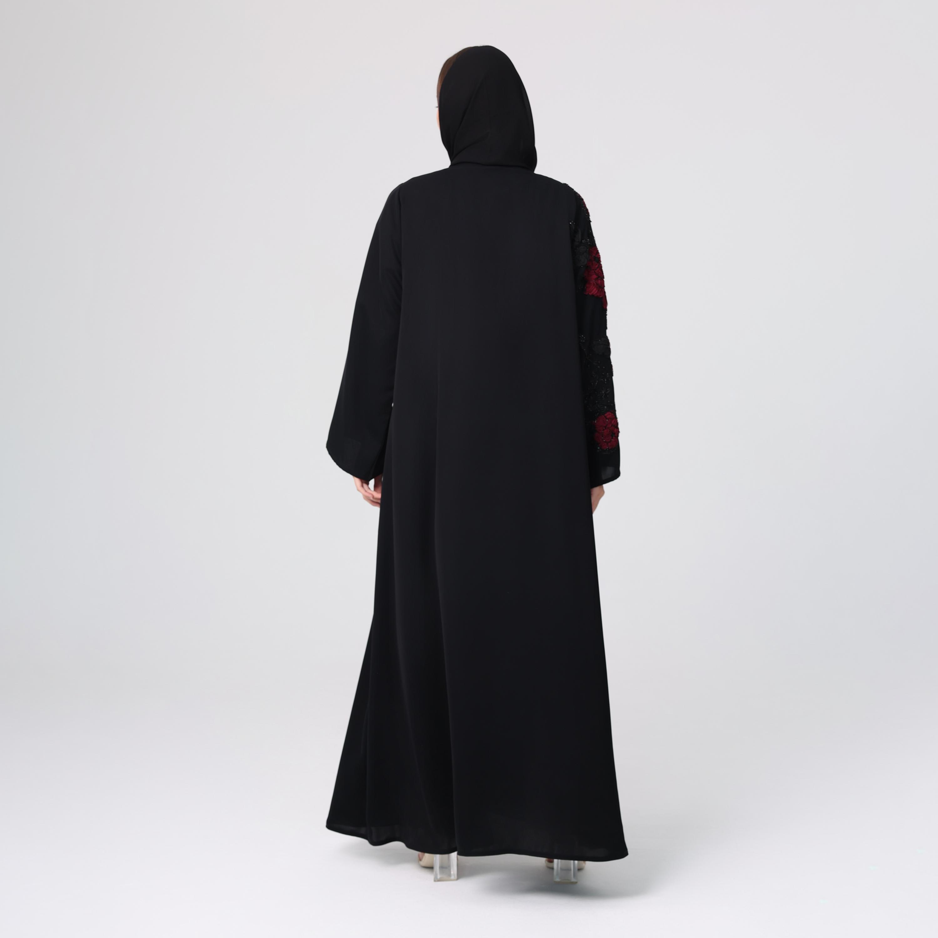 IKKXA Black Sequined & Beaded Wide Sleeves Nida Women's Evening Abaya with Hijab-women-arabicclothing-abayas-image-3