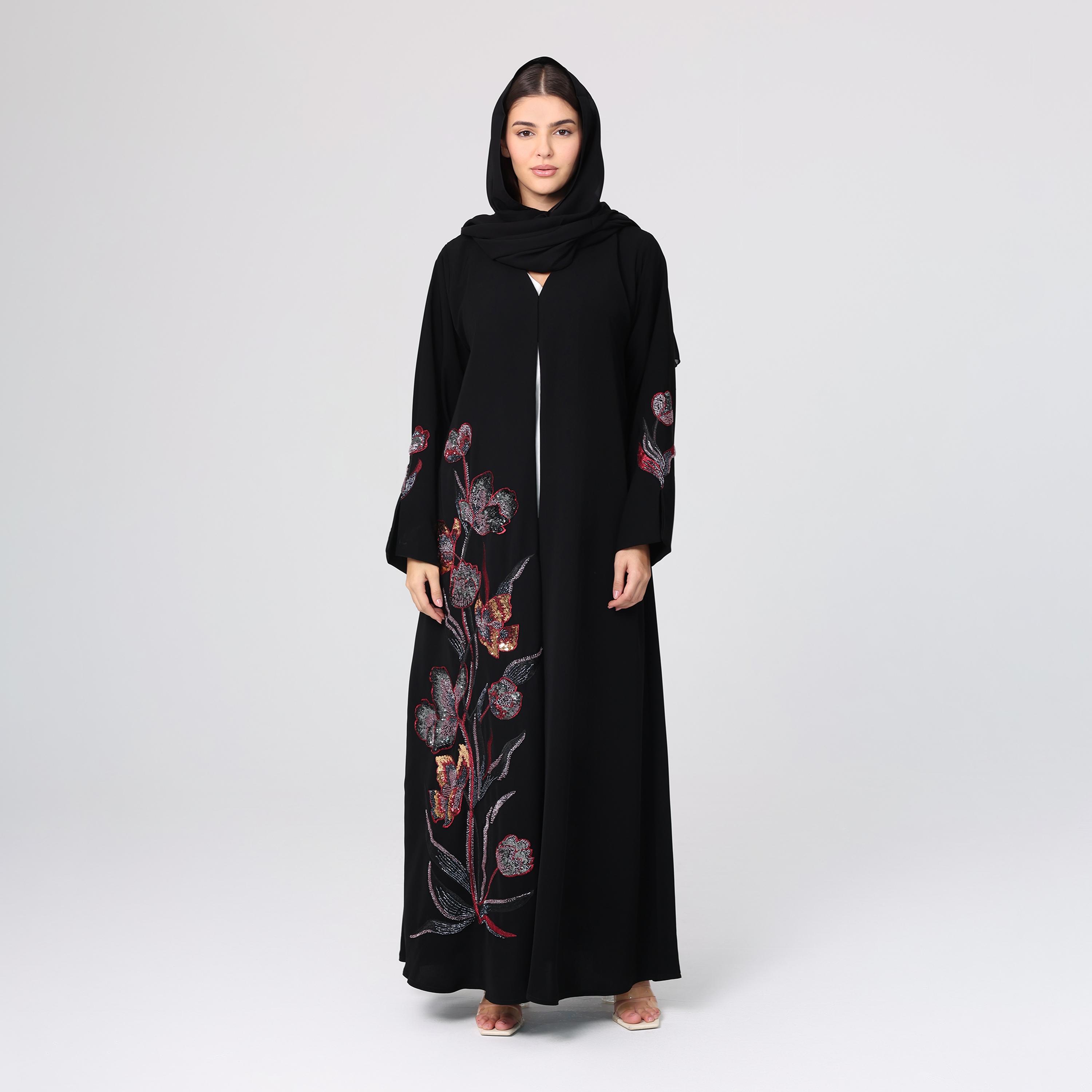 IKKXA Black Sequined & Beaded Slit Sleeves Women's Evening Abaya with Hijab-women-arabicclothing-abayas-image-1