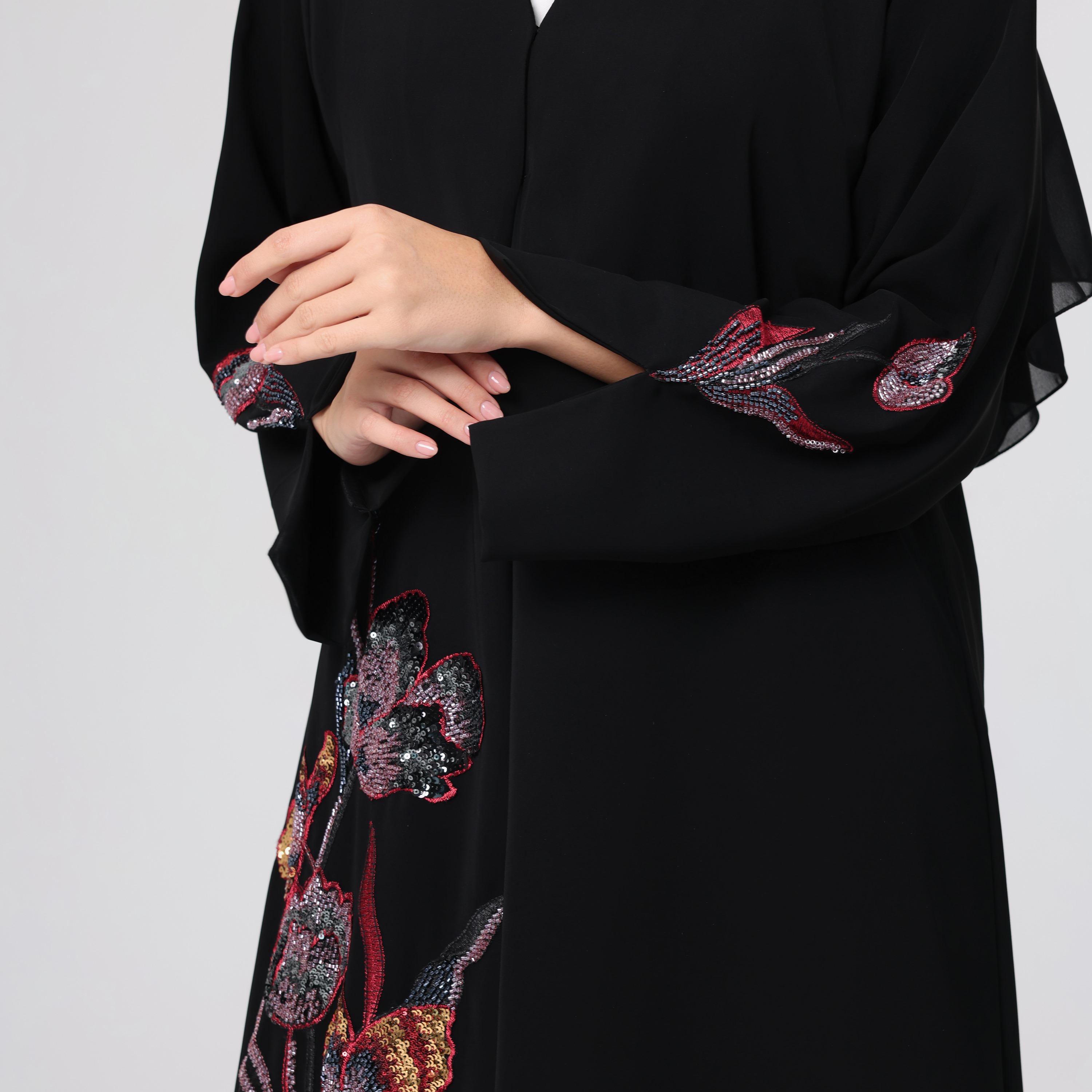 IKKXA Black Sequined & Beaded Slit Sleeves Women's Evening Abaya with Hijab-women-arabicclothing-abayas-image-2