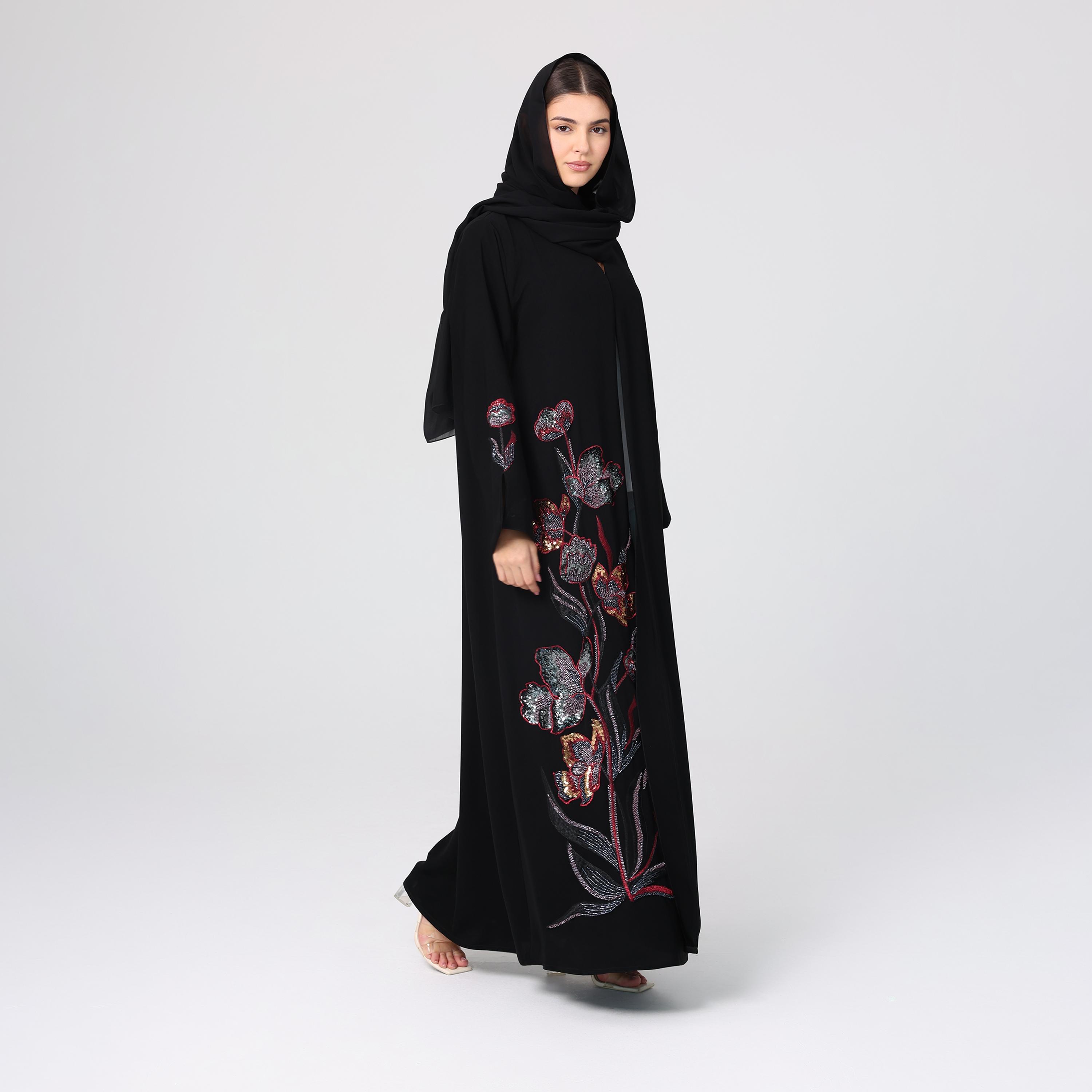 IKKXA Black Sequined & Beaded Slit Sleeves Women's Evening Abaya with Hijab-women-arabicclothing-abayas-image-3