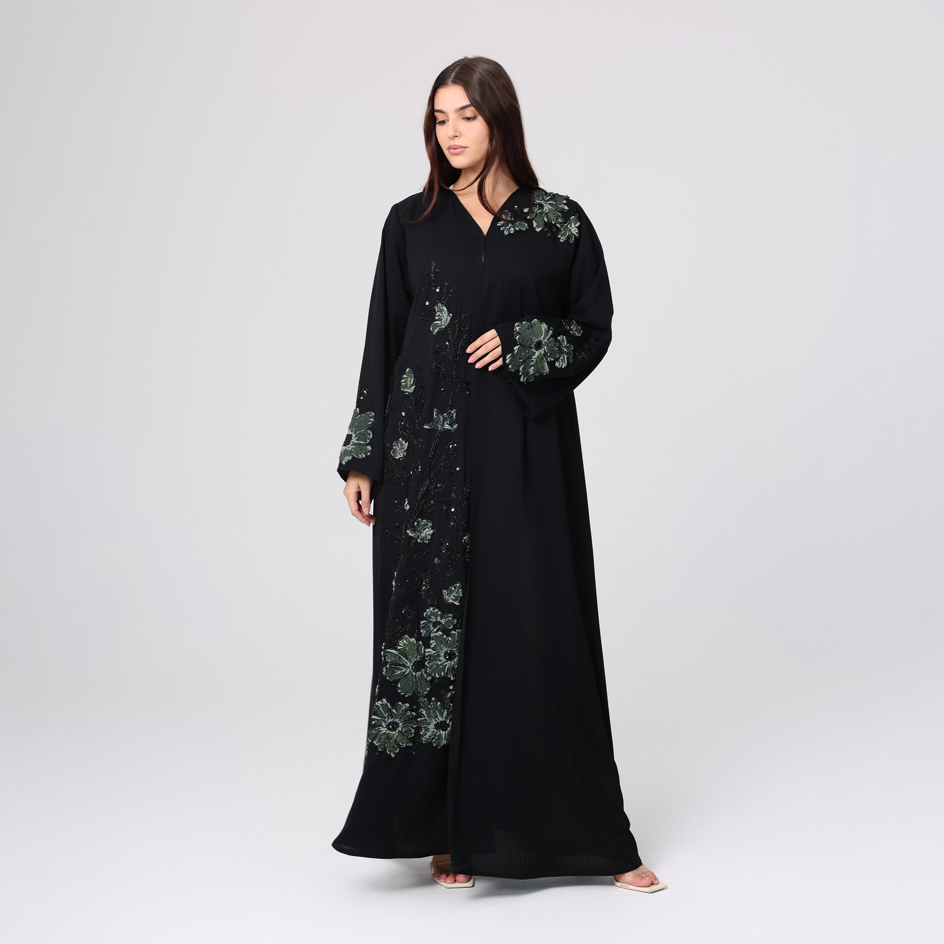IKKXA Black Sequined & Beaded Nida Women's Evening Abaya with Hijab-women-arabicclothing-abayas-image-1