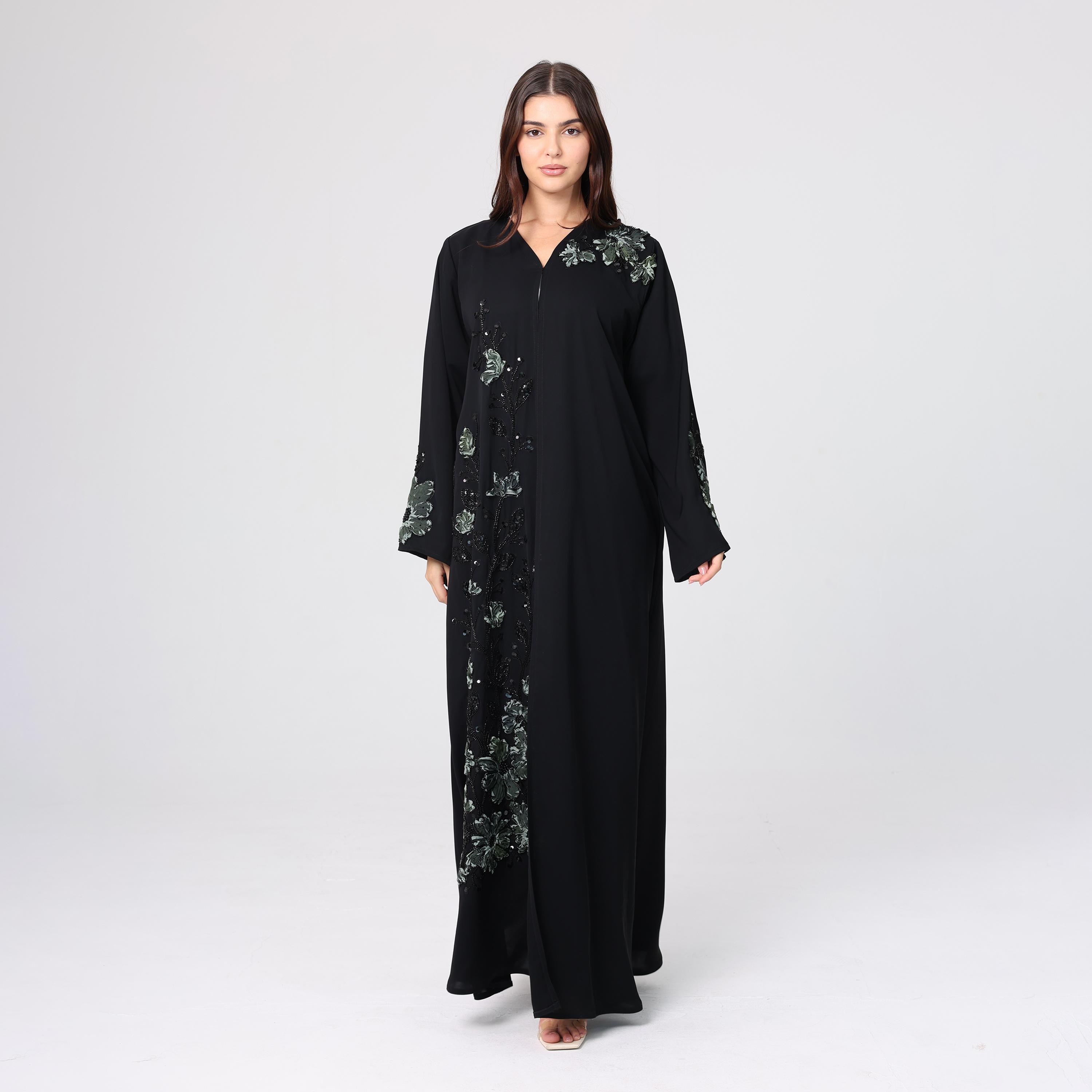 IKKXA Black Sequined & Beaded Nida Women's Evening Abaya with Hijab-women-arabicclothing-abayas-image-3