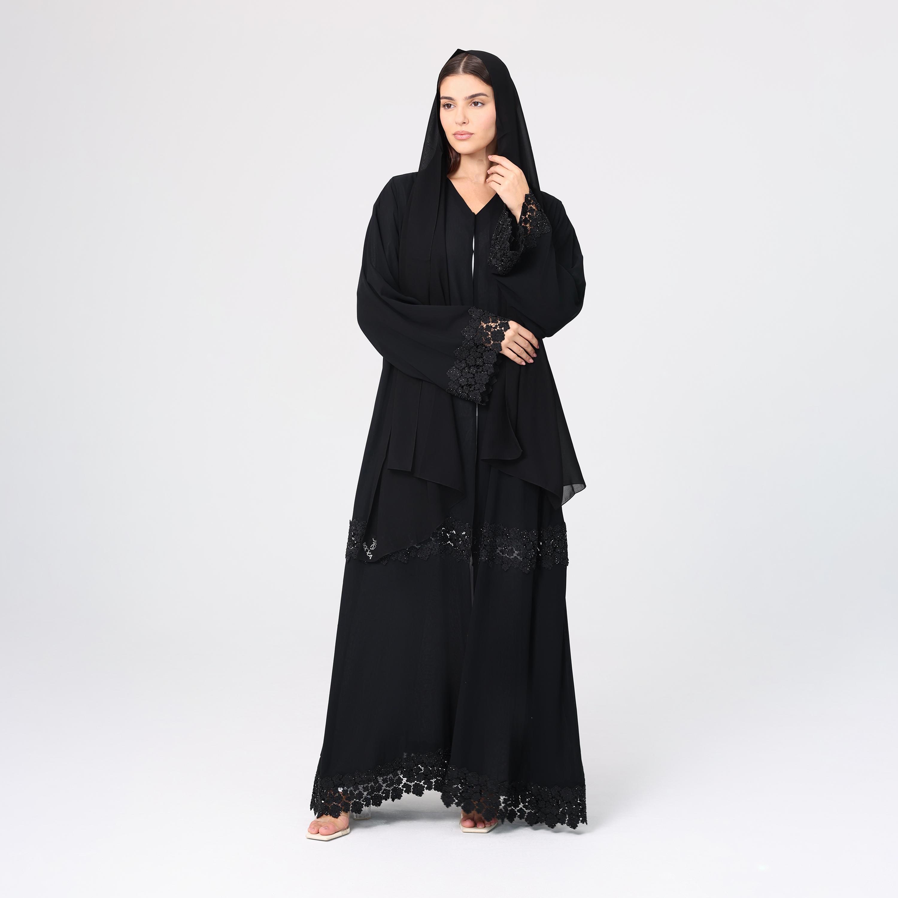 IKKXA Black Lace Wide Sleeves Chiffon Women's Abaya with Hijab-women-arabicclothing-abayas-image-1