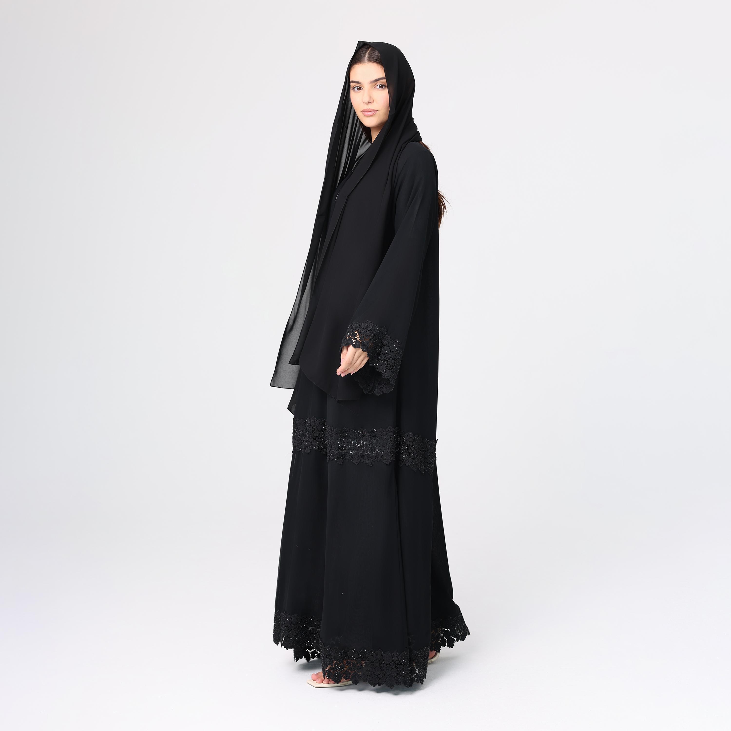 IKKXA Black Lace Wide Sleeves Chiffon Women's Abaya with Hijab-women-arabicclothing-abayas-image-3
