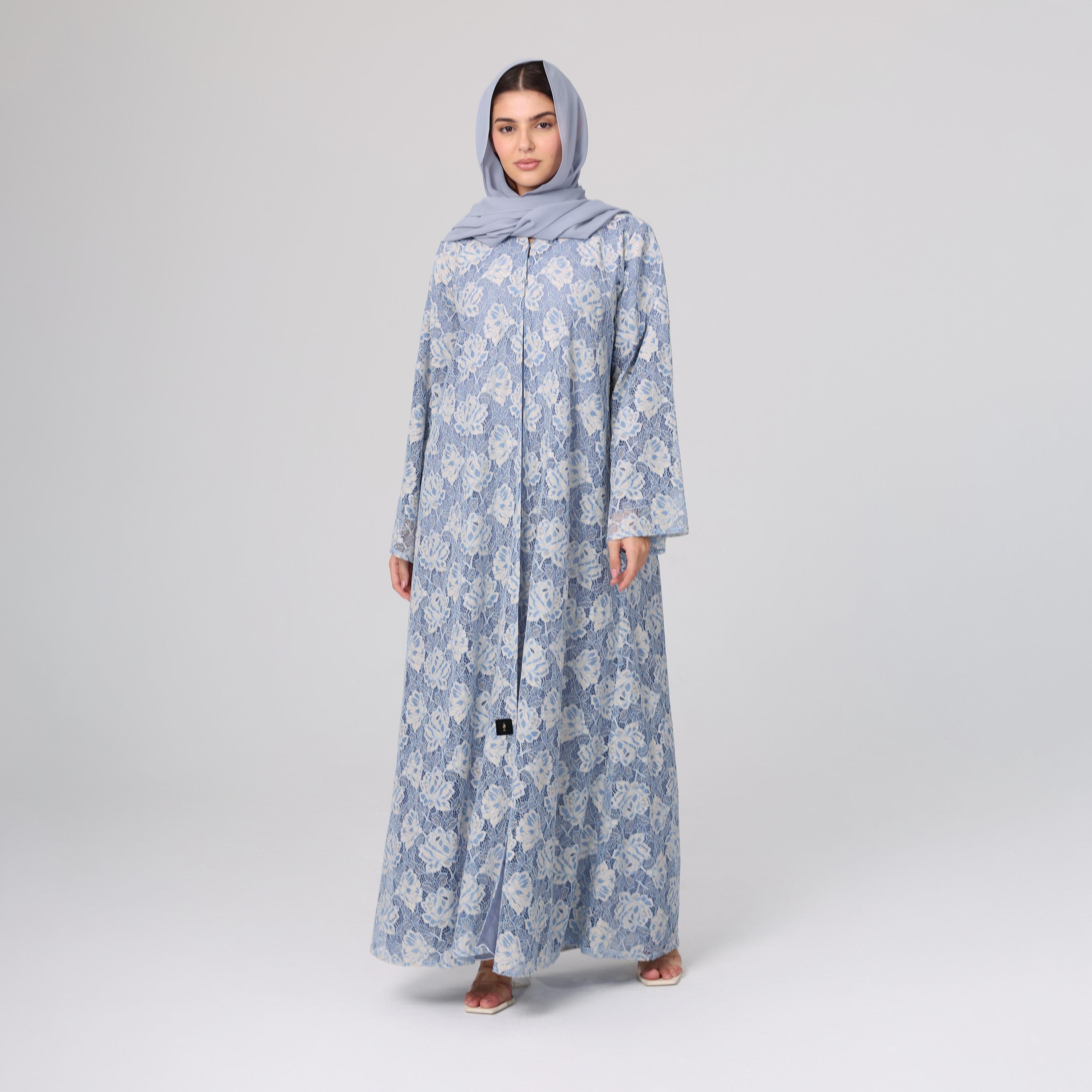 IKKXA Blue All-Over Floral Lace Wide Sleeves Chiffon Women's Abaya with Hijab-women-arabicclothing-abayas-image-1