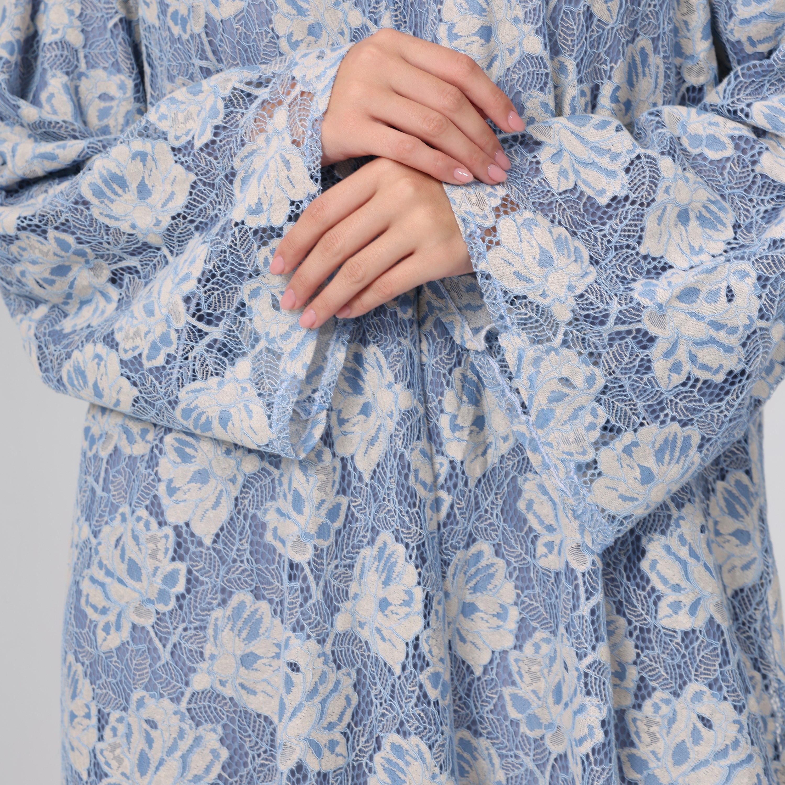 IKKXA Blue All-Over Floral Lace Wide Sleeves Chiffon Women's Abaya with Hijab-women-arabicclothing-abayas-image-2