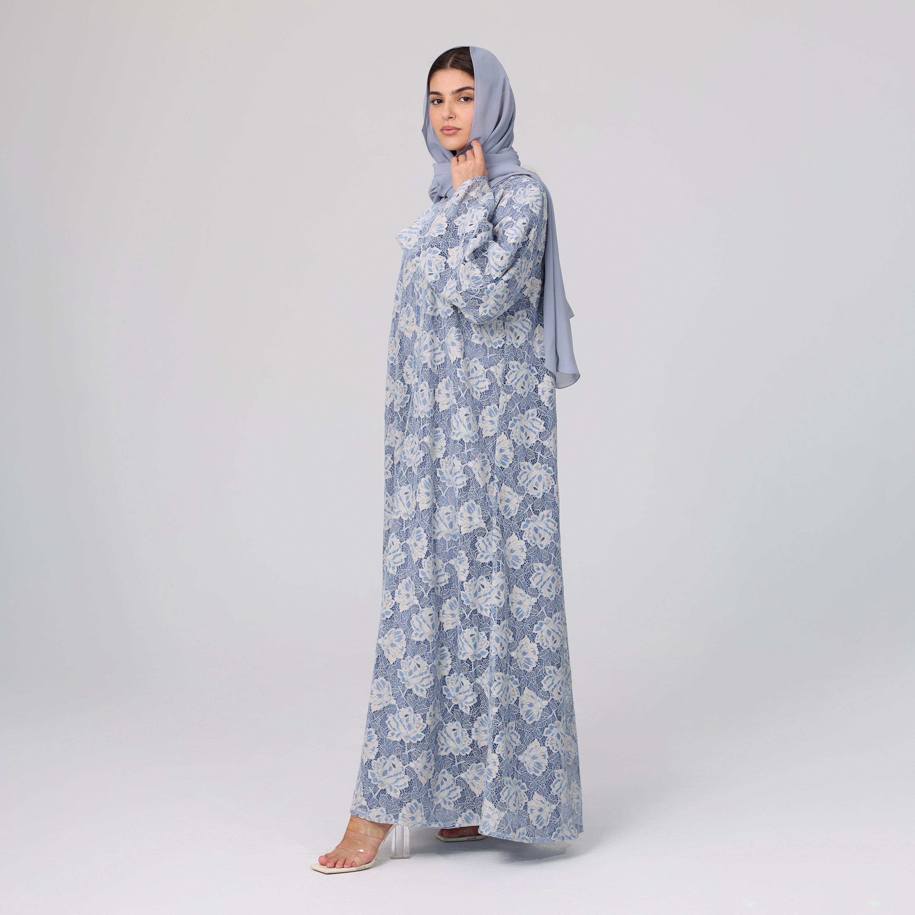 IKKXA Blue All-Over Floral Lace Wide Sleeves Chiffon Women's Abaya with Hijab-women-arabicclothing-abayas-image-3