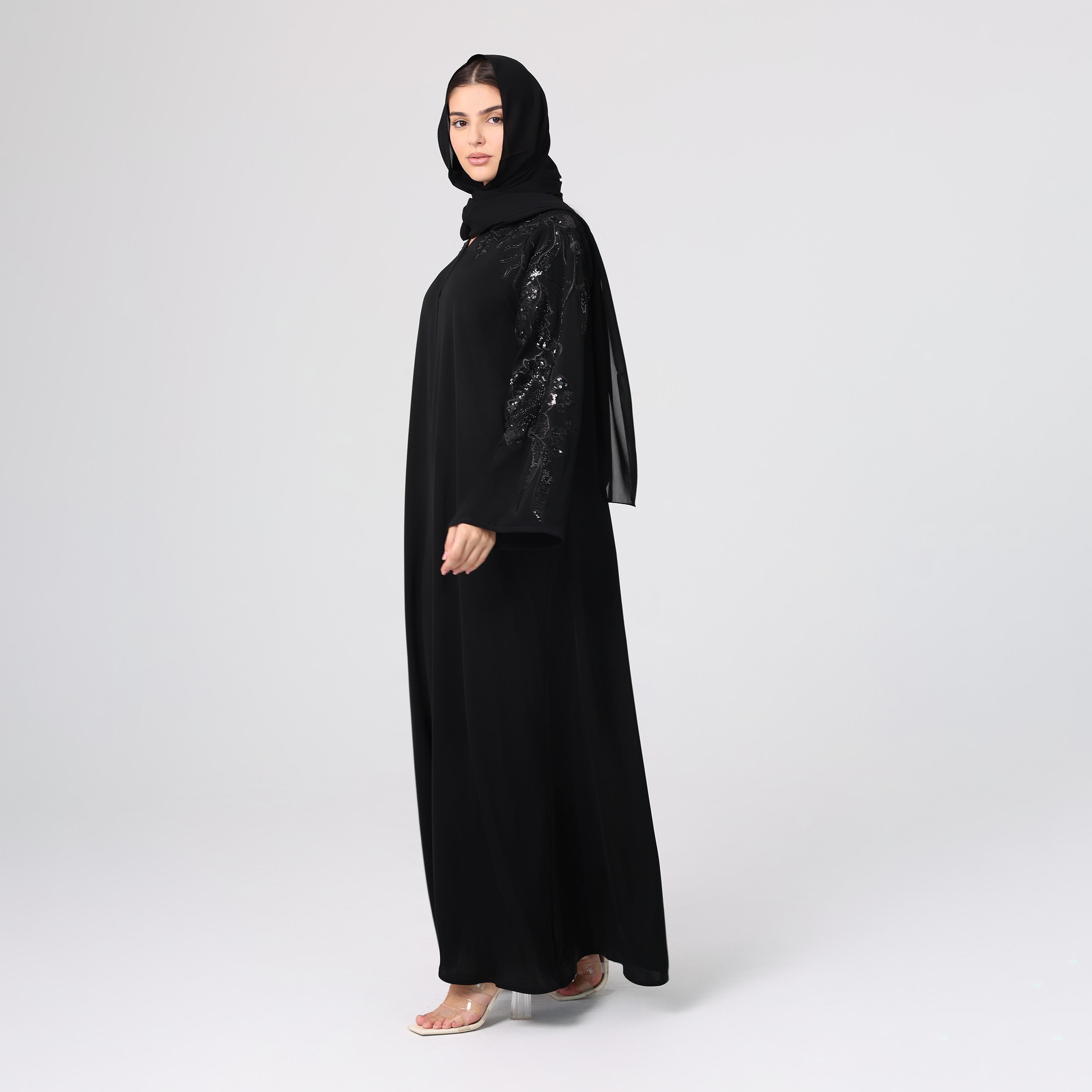 IKKXA Black Sequined & Embroidered Sleeves Nida Women's Abaya with Hijab-women-arabicclothing-abayas-image-3