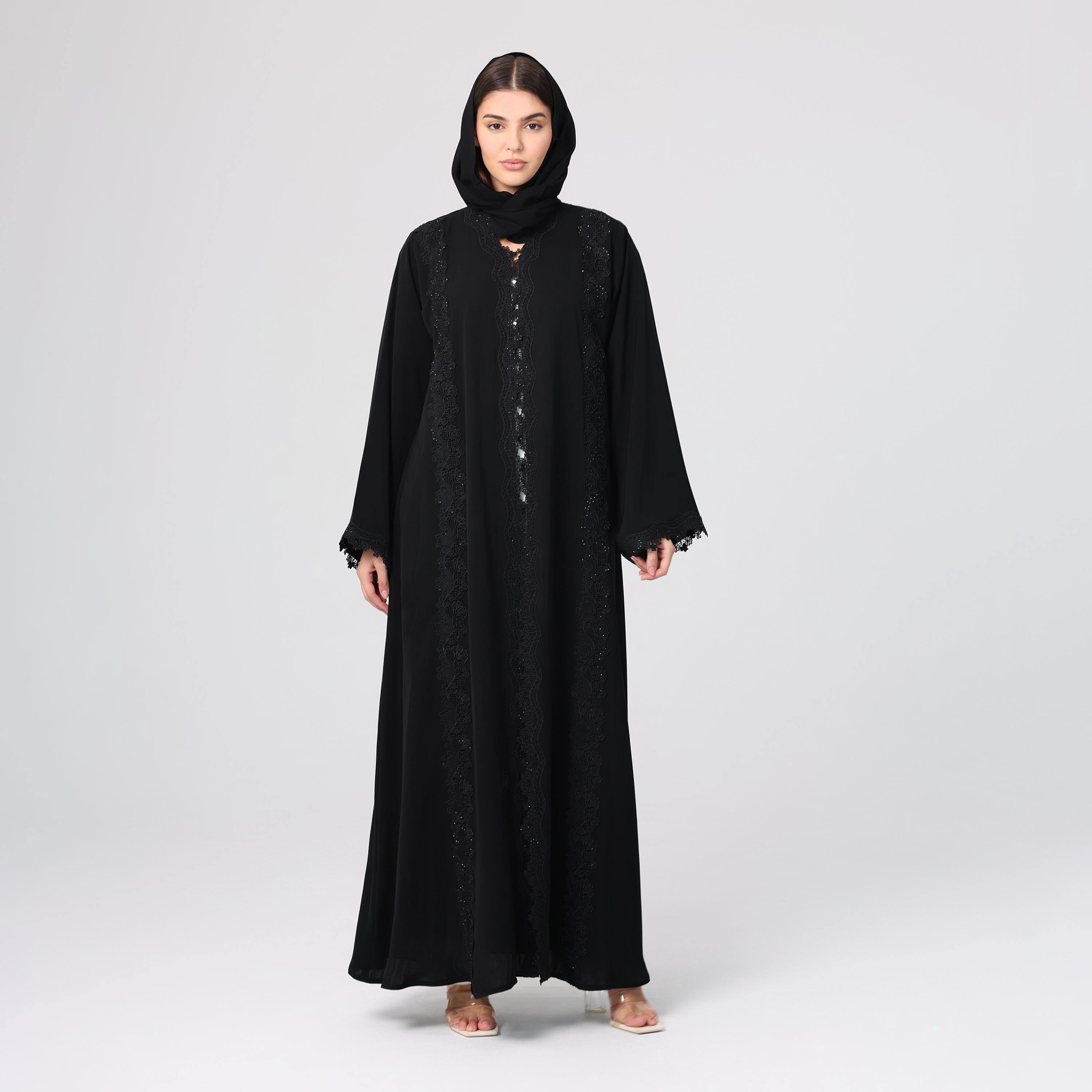 IKKXA Black Lace Wide Sleeves Nida Women's Evening Abaya with Hijab-women-arabicclothing-abayas-image-1
