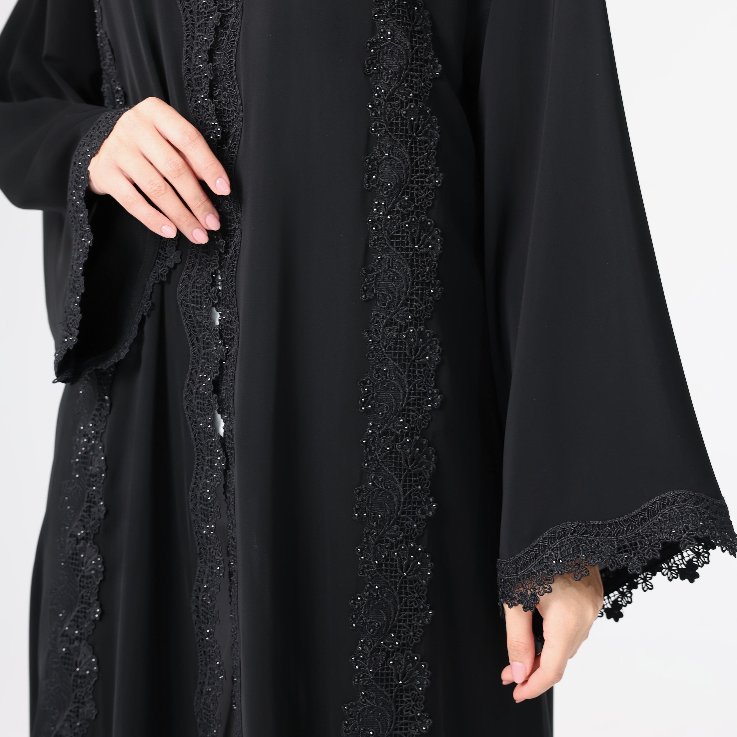 IKKXA Black Lace Wide Sleeves Nida Women's Evening Abaya with Hijab-women-arabicclothing-abayas-image-2