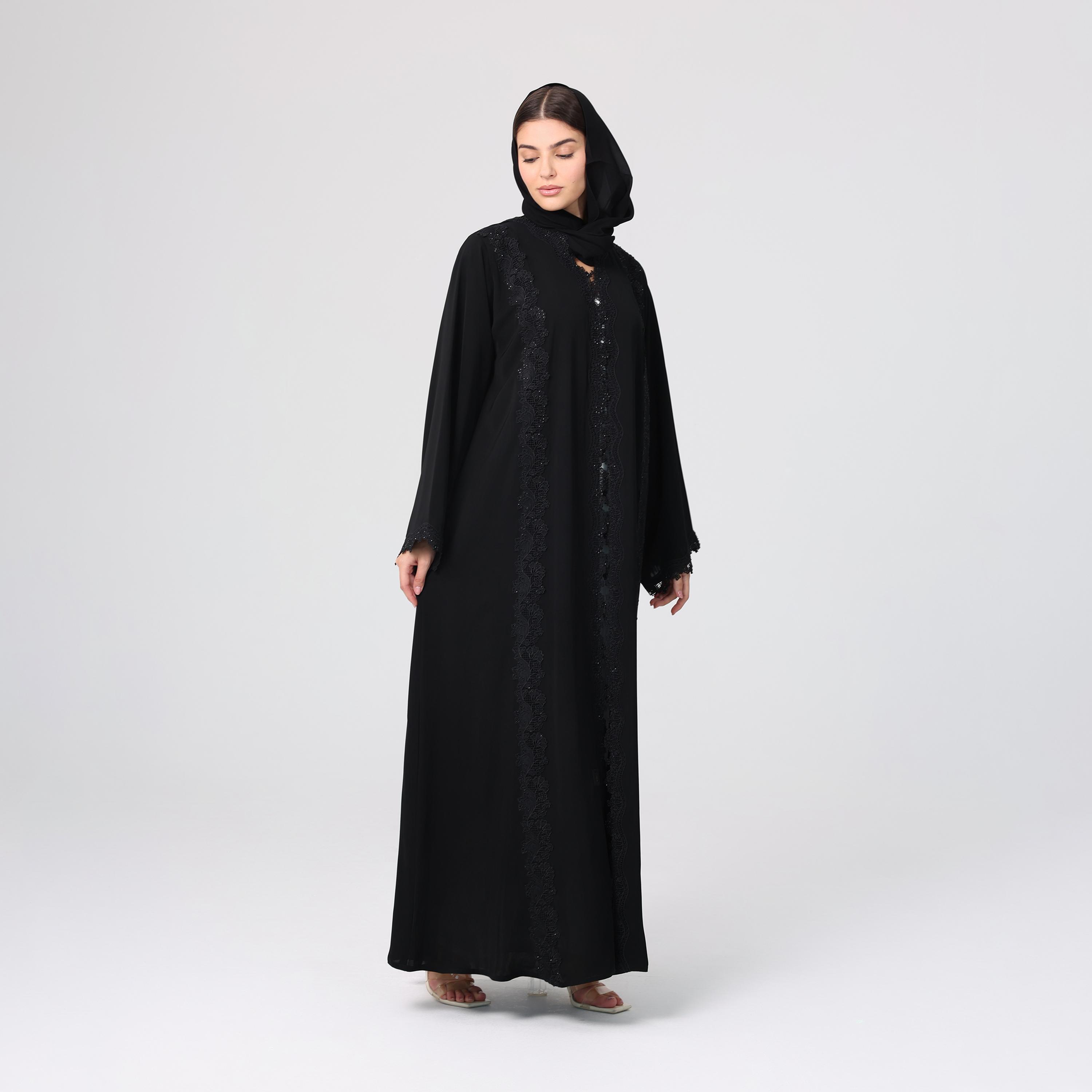 IKKXA Black Lace Wide Sleeves Nida Women's Evening Abaya with Hijab-women-arabicclothing-abayas-image-3