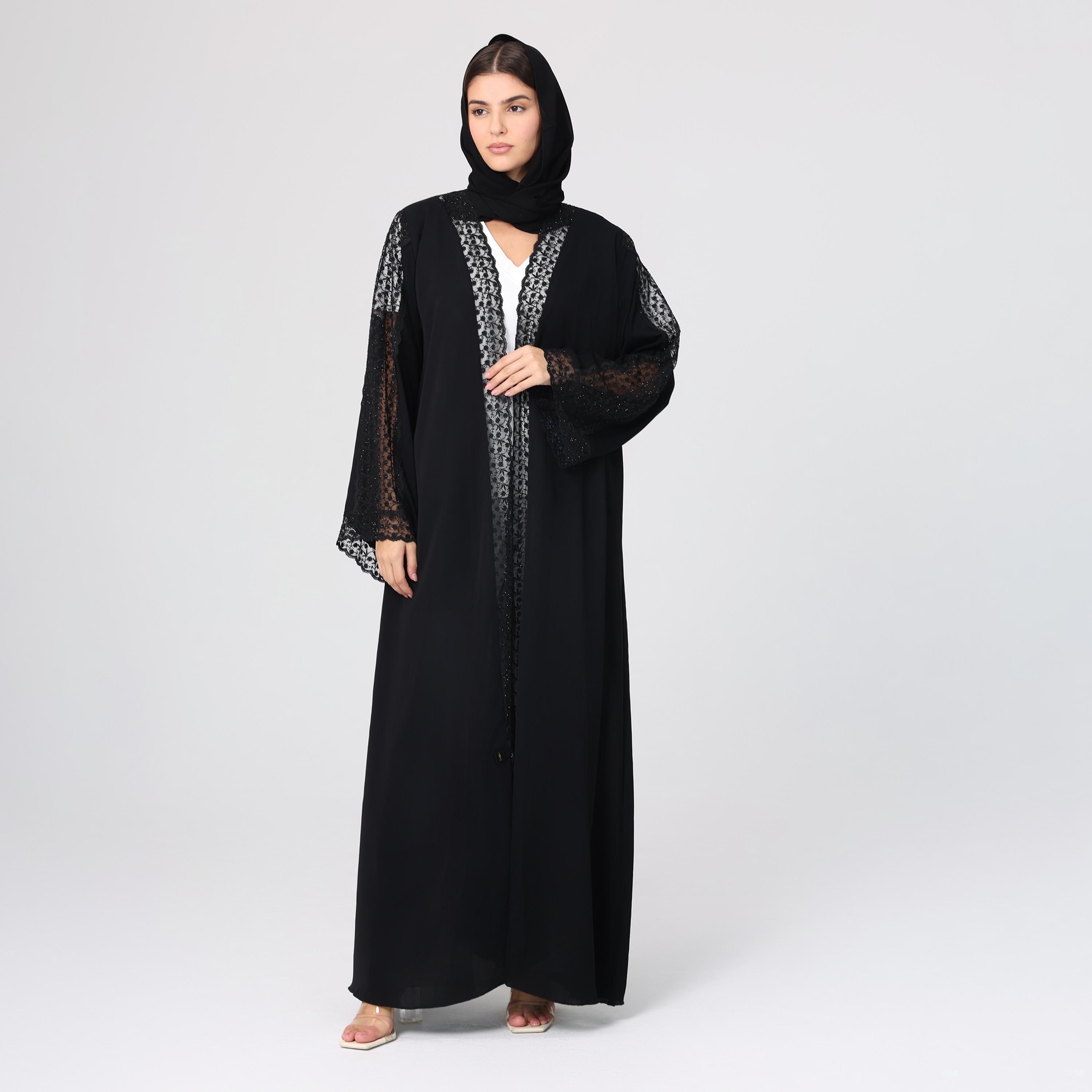 IKKXA Black Lace Wide Sleeves Nida Women's Evening Abaya with Hijab-women-arabicclothing-abayas-image-1