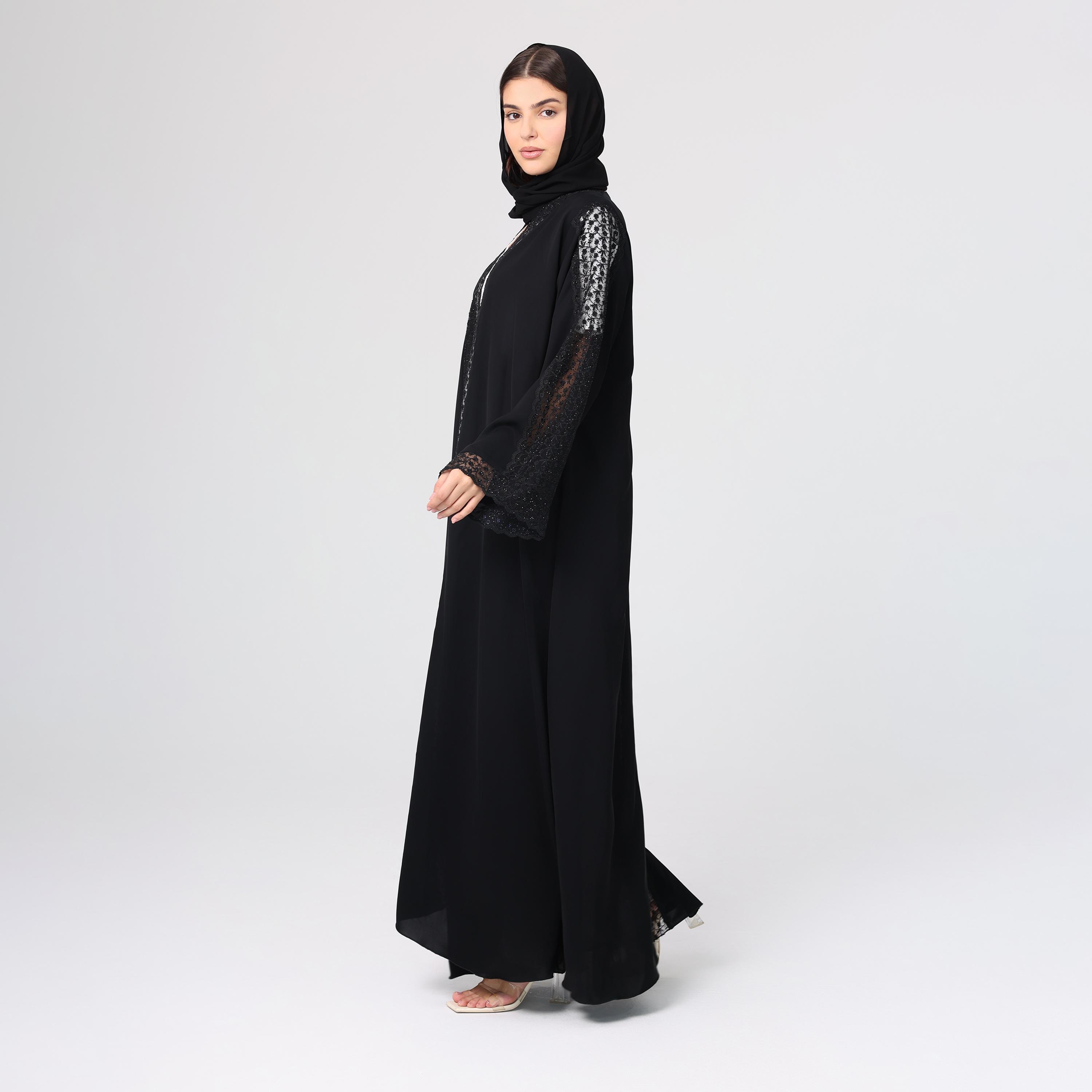 IKKXA Black Lace Wide Sleeves Nida Women's Evening Abaya with Hijab-women-arabicclothing-abayas-image-2