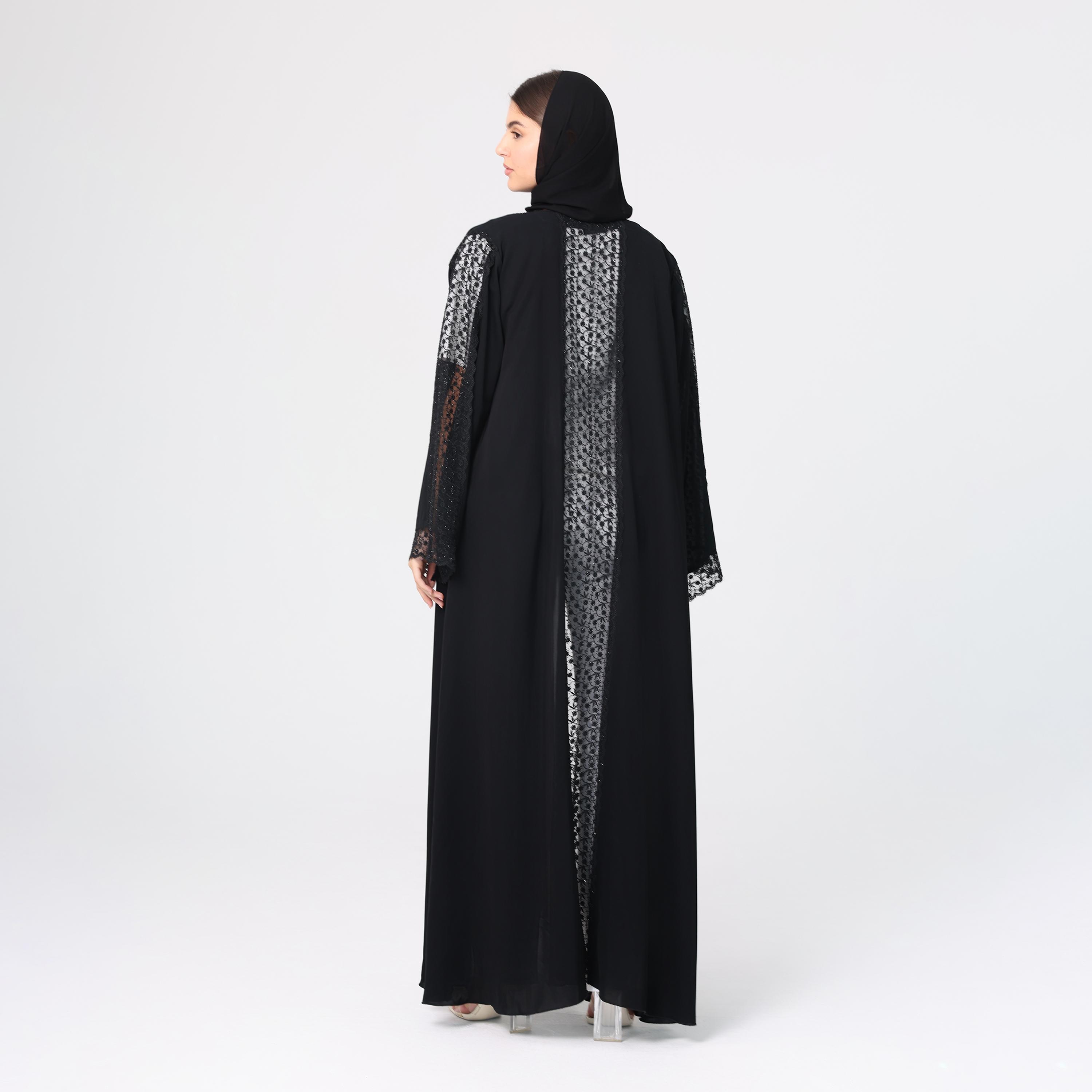 IKKXA Black Lace Wide Sleeves Nida Women's Evening Abaya with Hijab-women-arabicclothing-abayas-image-3