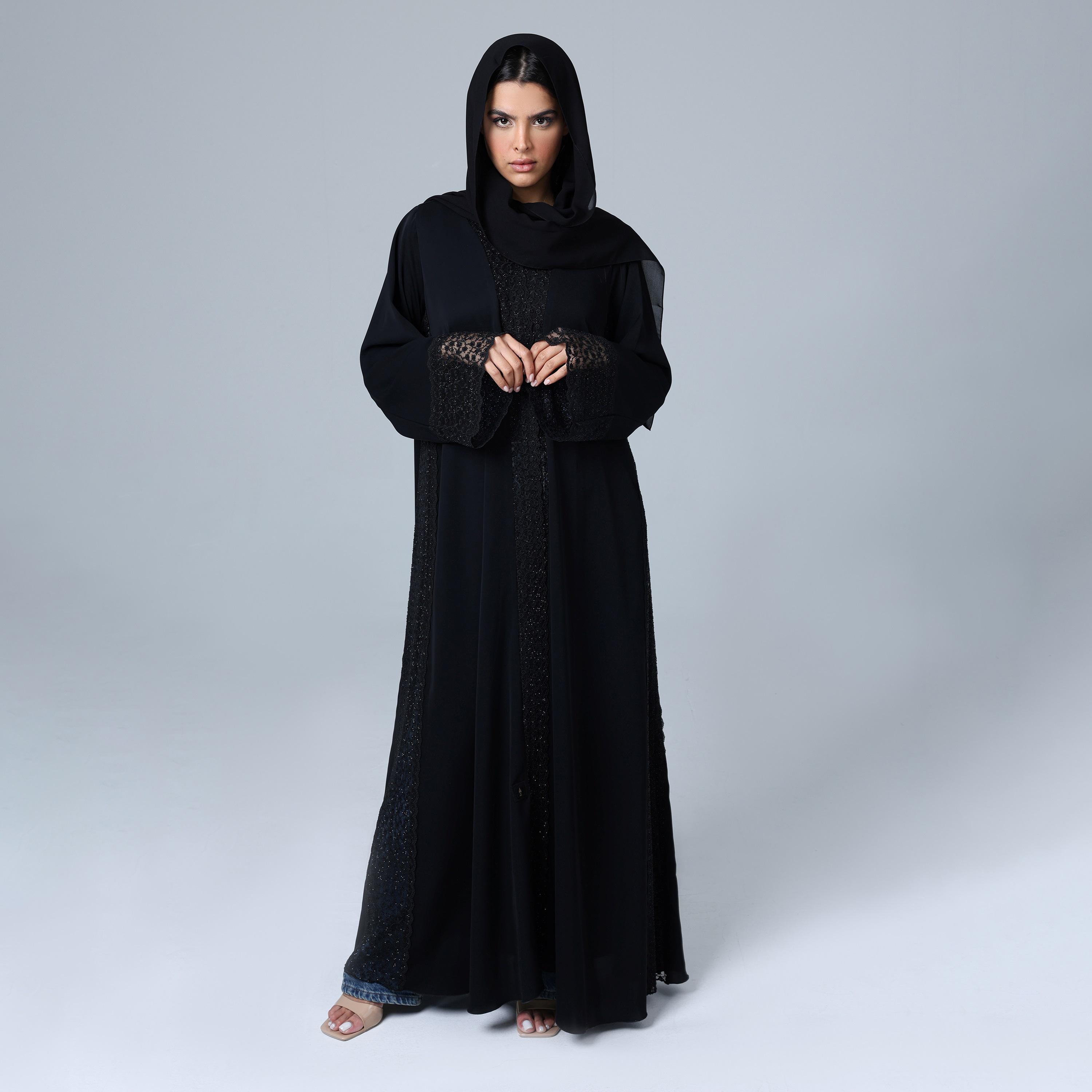 IKKXA Black Crystal Lace Nida Women's Abaya with Hijab-women-arabicclothing-abayas-image-1