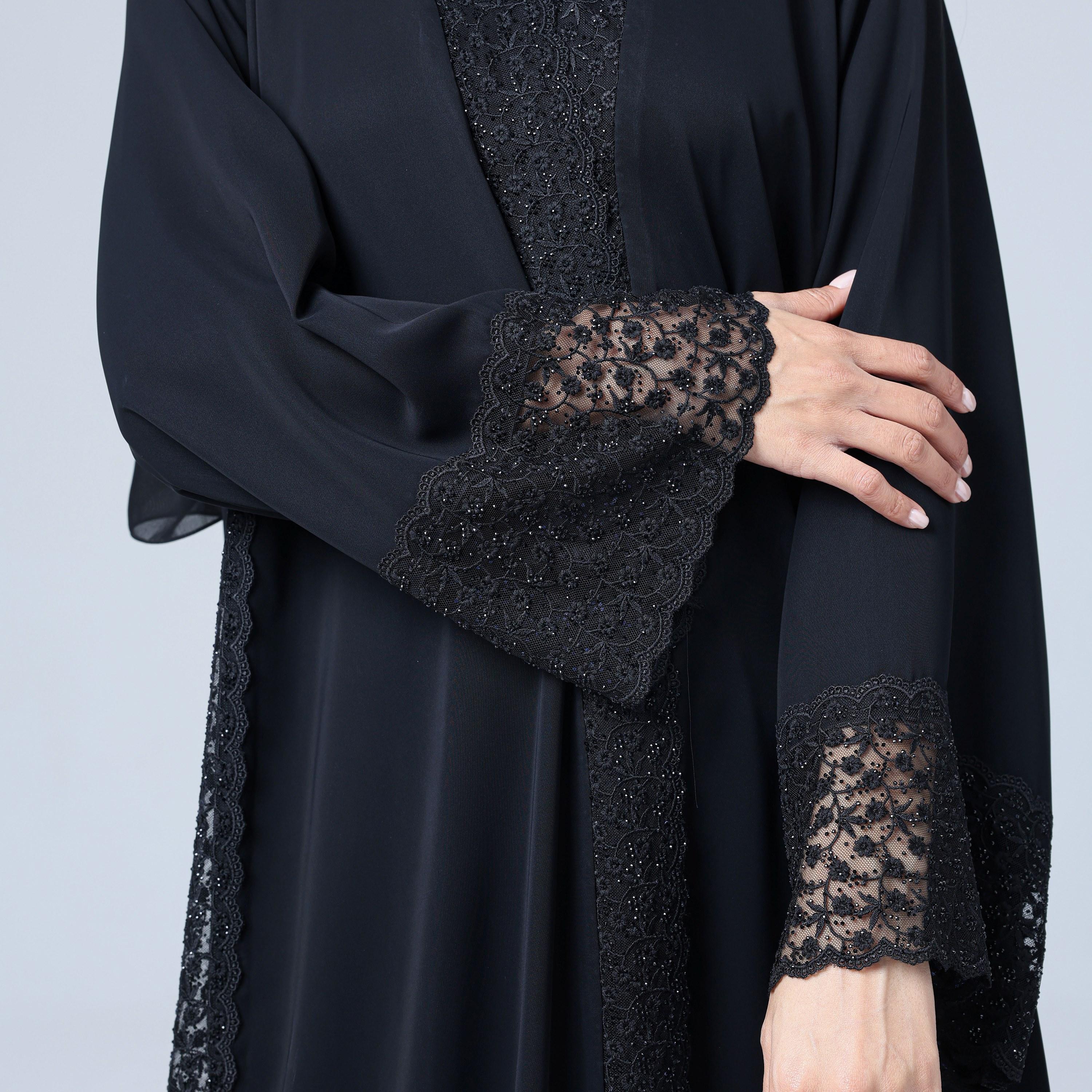 IKKXA Black Crystal Lace Nida Women's Abaya with Hijab-women-arabicclothing-abayas-image-2