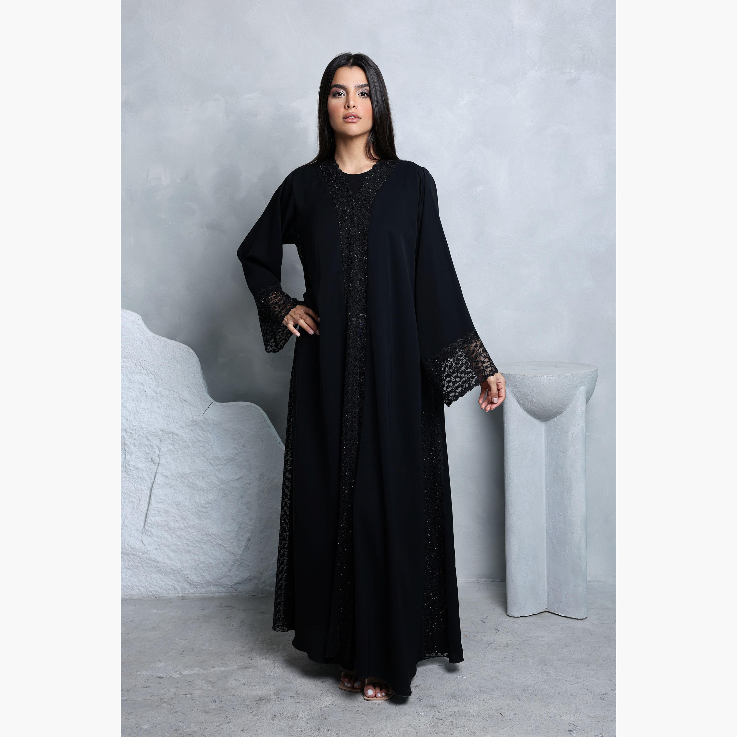 IKKXA Black Crystal Lace Nida Women's Abaya with Hijab-women-arabicclothing-abayas-image-3