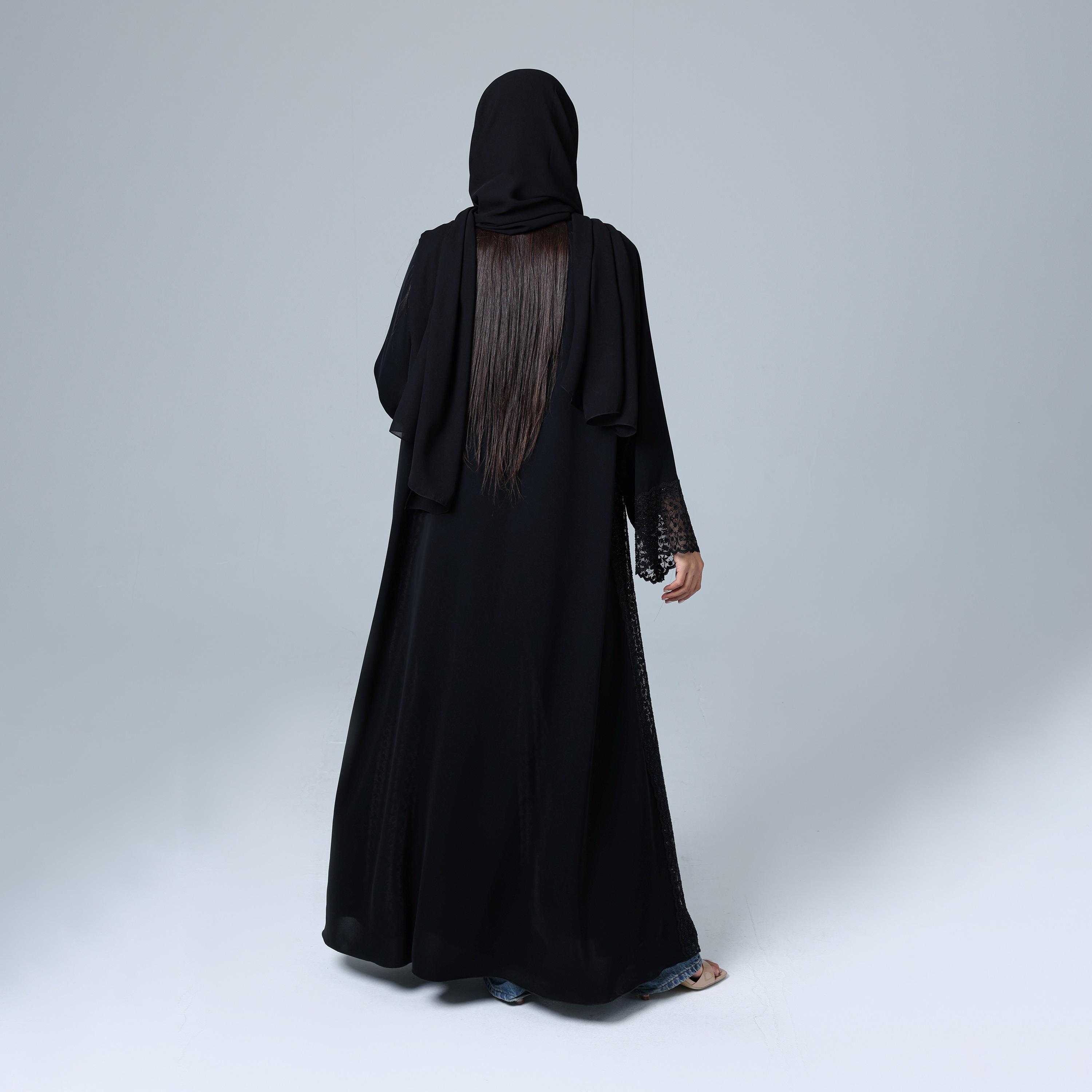 IKKXA Black Crystal Lace Nida Women's Abaya with Hijab-women-arabicclothing-abayas-image-4