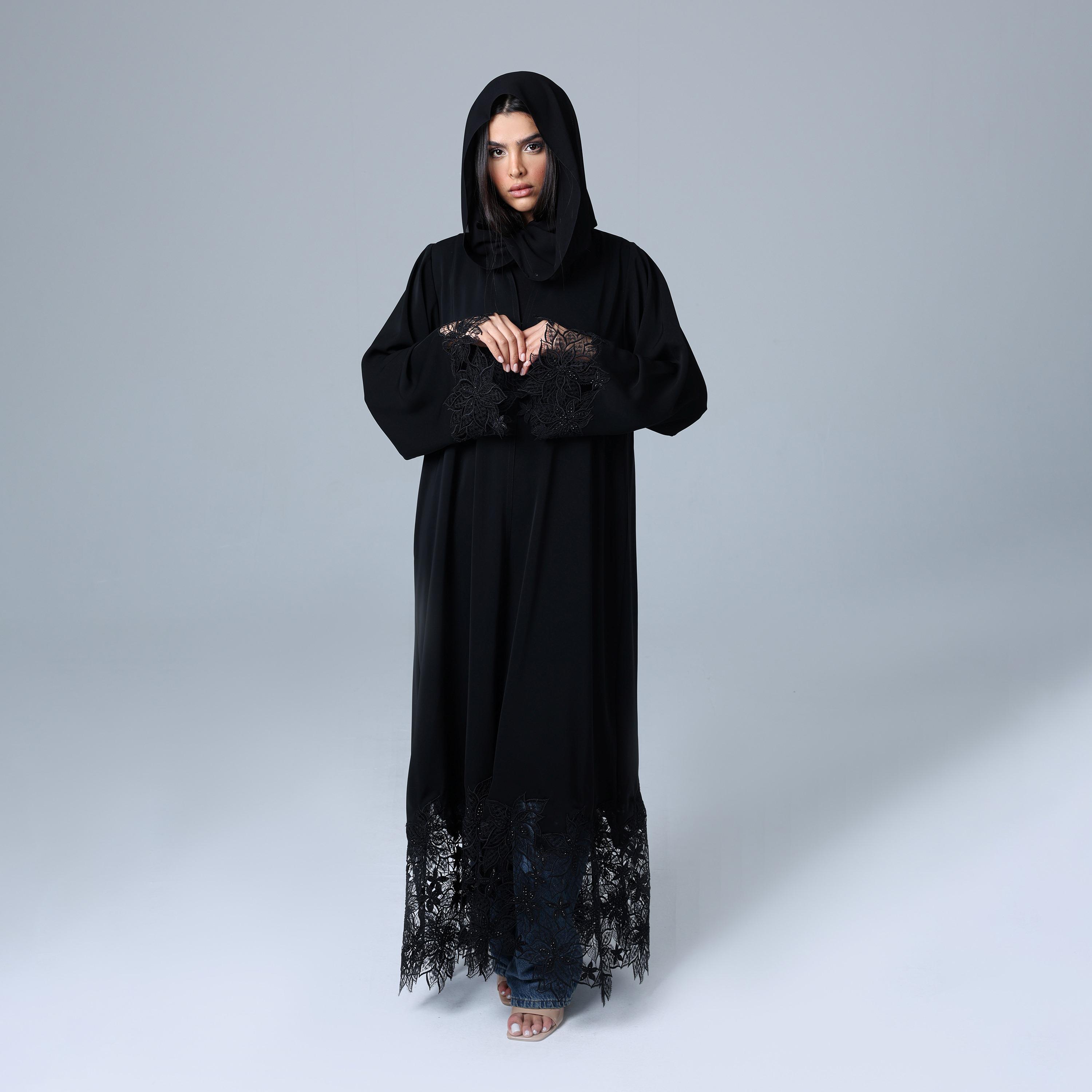 IKKXA Black Lace Work Wide Sleeves Nida Women's Abaya with Hijab-women-arabicclothing-abayas-image-1