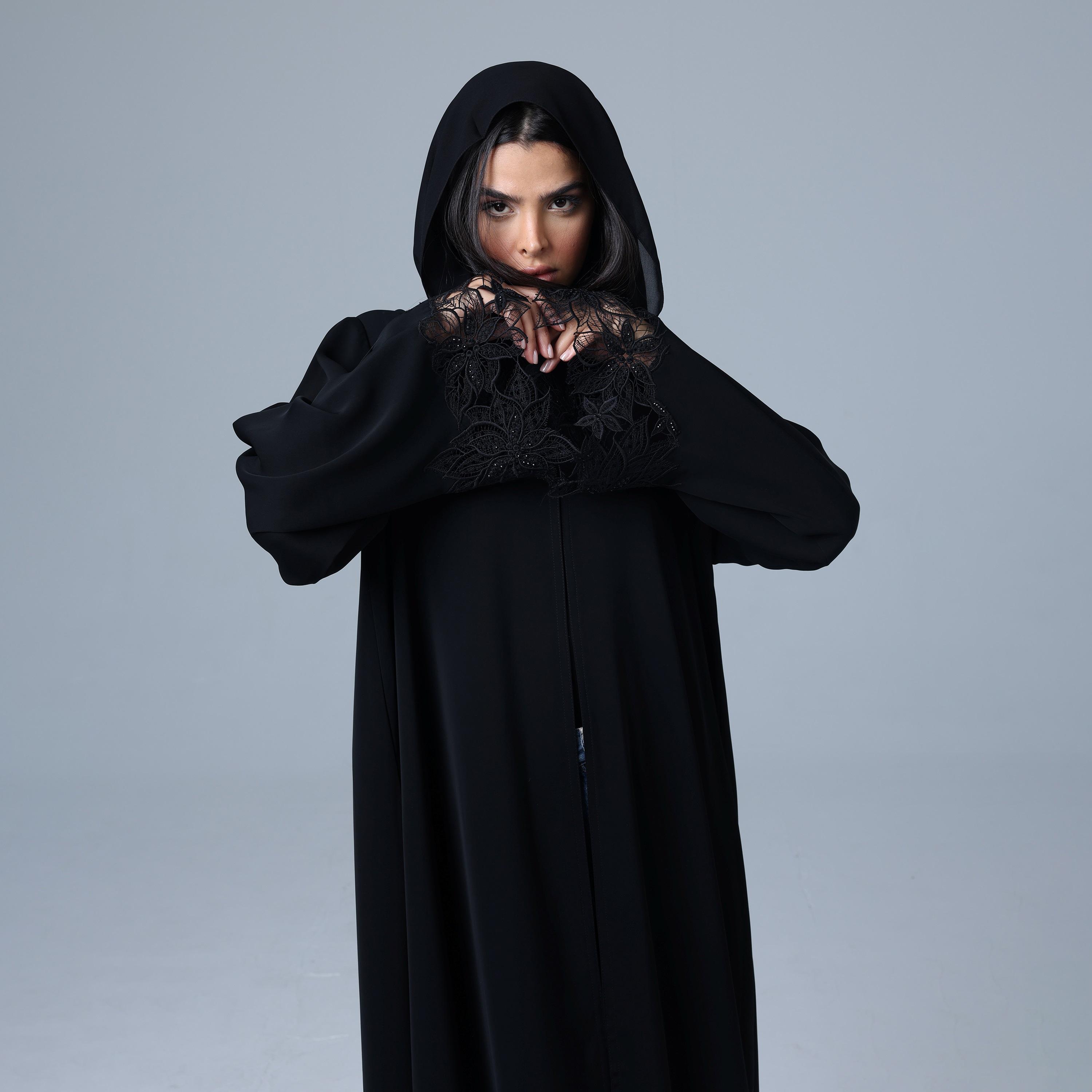 IKKXA Black Lace Work Wide Sleeves Nida Women's Abaya with Hijab-women-arabicclothing-abayas-image-2