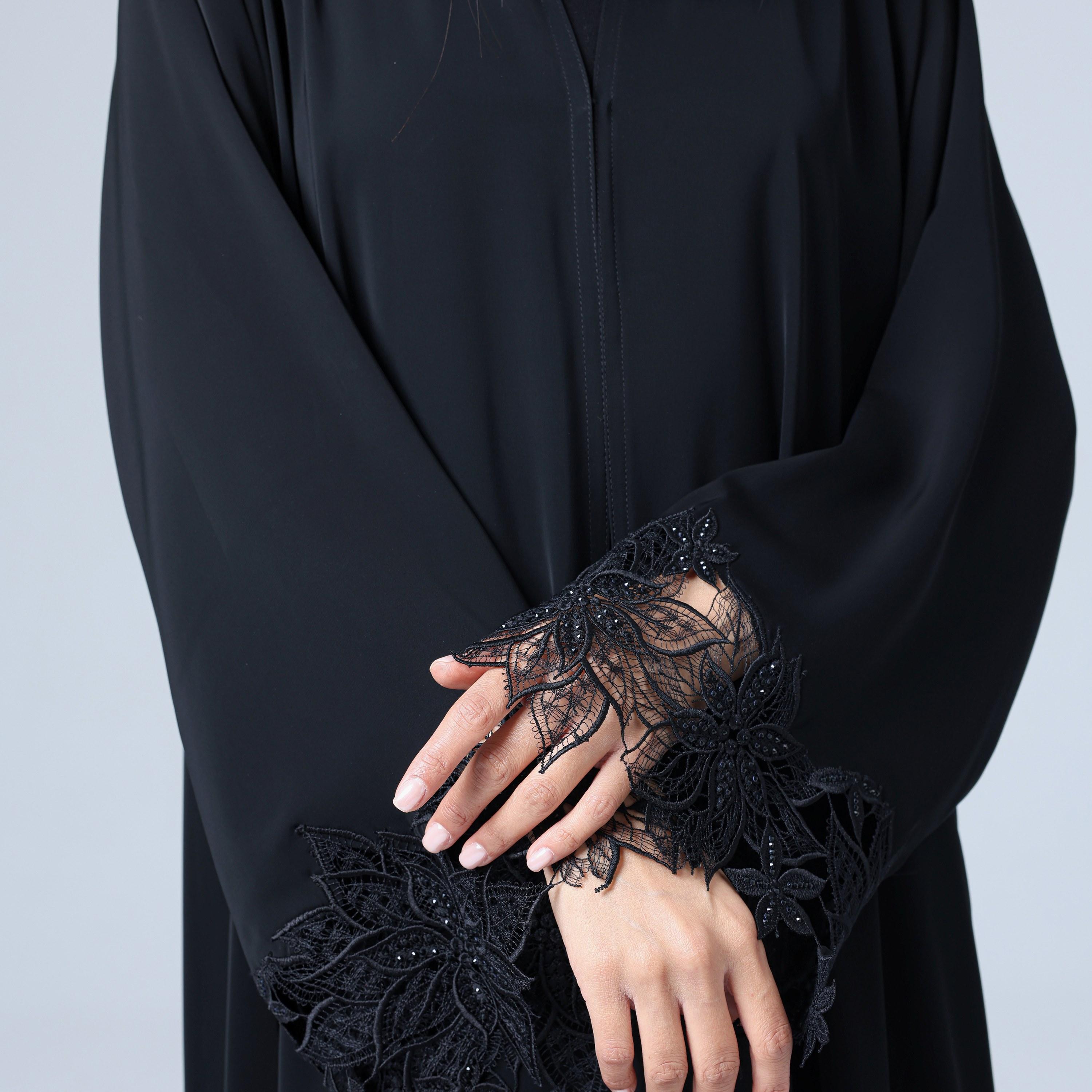 IKKXA Black Lace Work Wide Sleeves Nida Women's Abaya with Hijab-women-arabicclothing-abayas-image-3